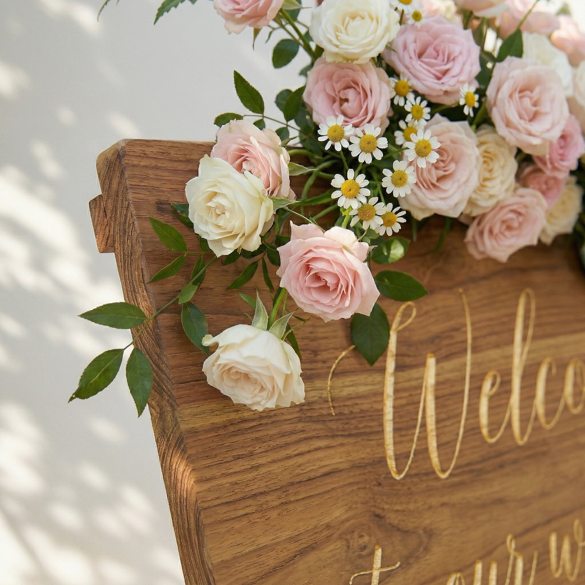 Pink White Champagne Rose & Greenery Welcome Sign Flowers Wedding Entryway Decor Props