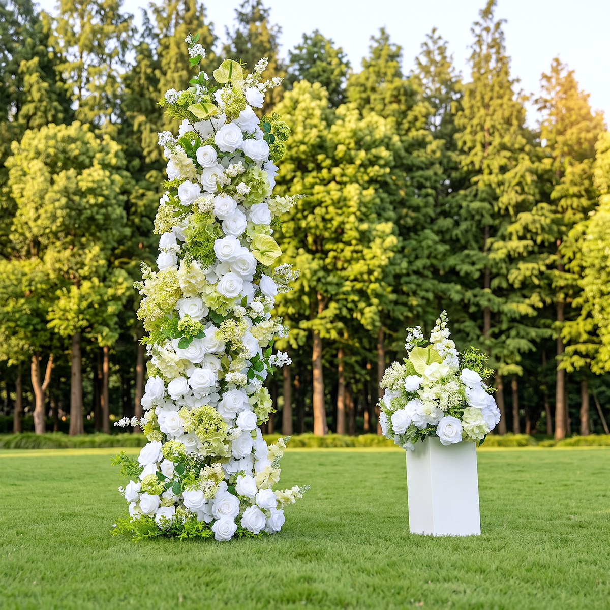 Alba Green & White Artificial Flower Pillar Wedding Arch KT Board Decor Floral Arrangement