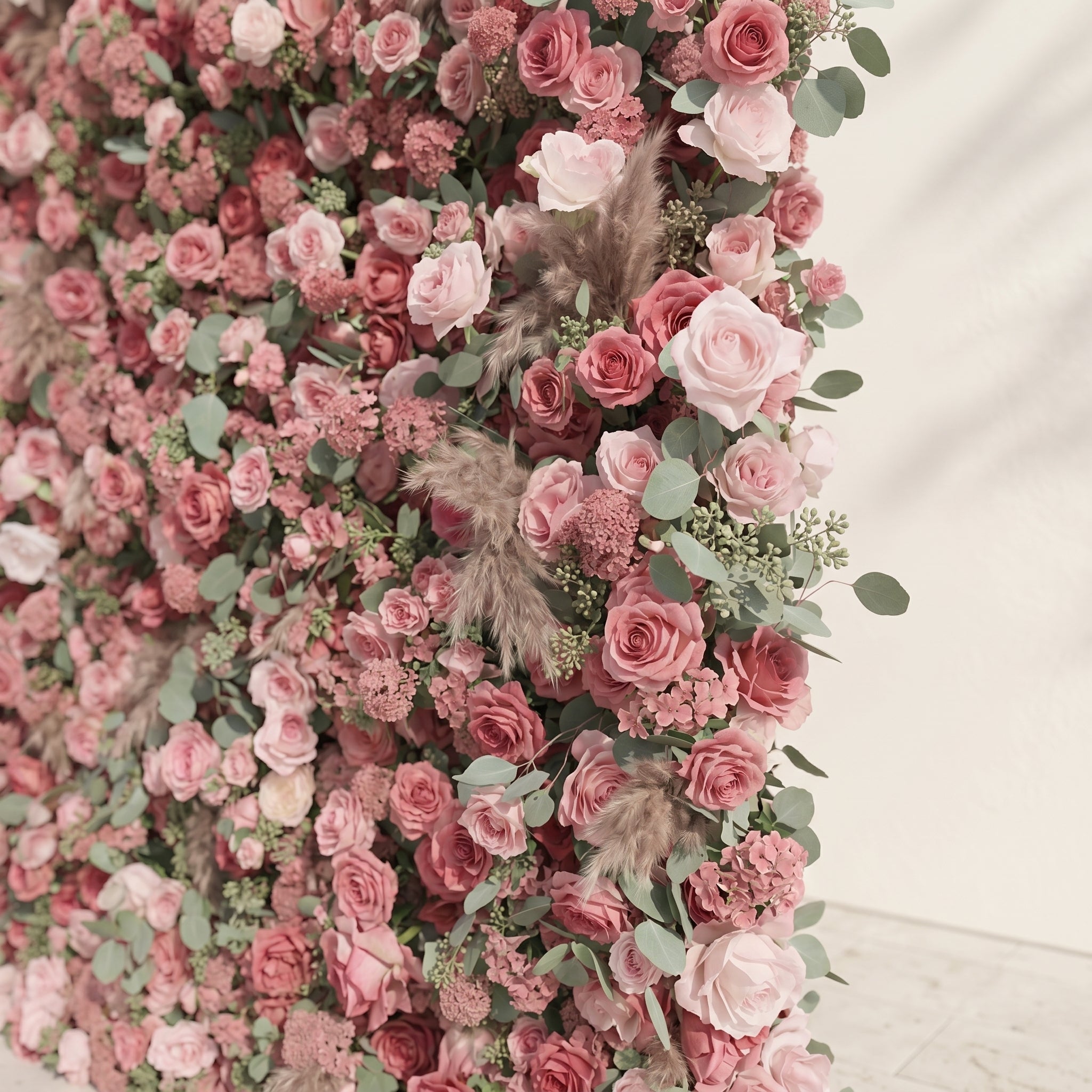 Silence Luxury 4D Dusty Rose & Nude Pink Silk Floral Wall with Dried Pampas Grass for Modern Weddings