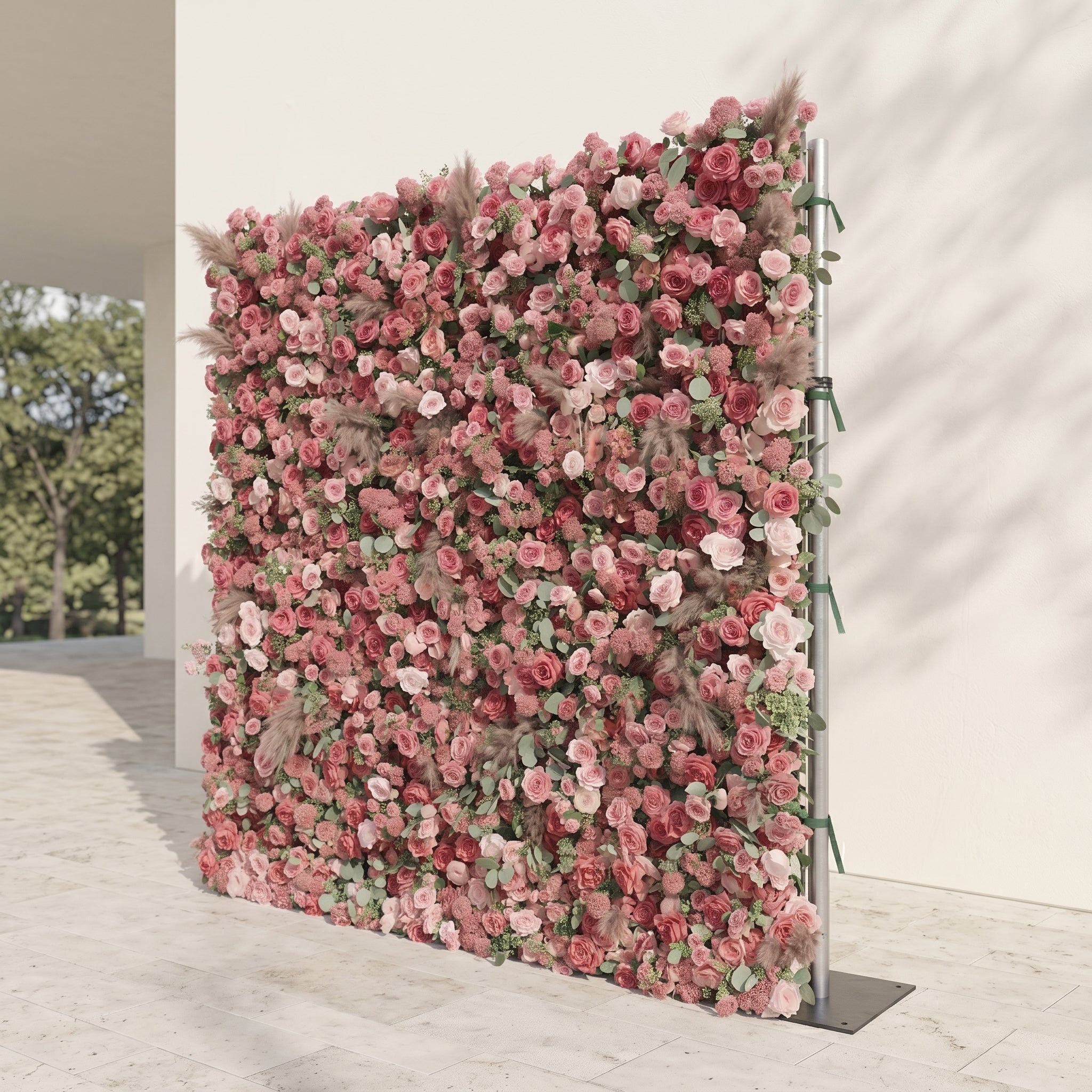 Silence Luxury 4D Dusty Rose & Nude Pink Silk Floral Wall with Dried Pampas Grass for Modern Weddings