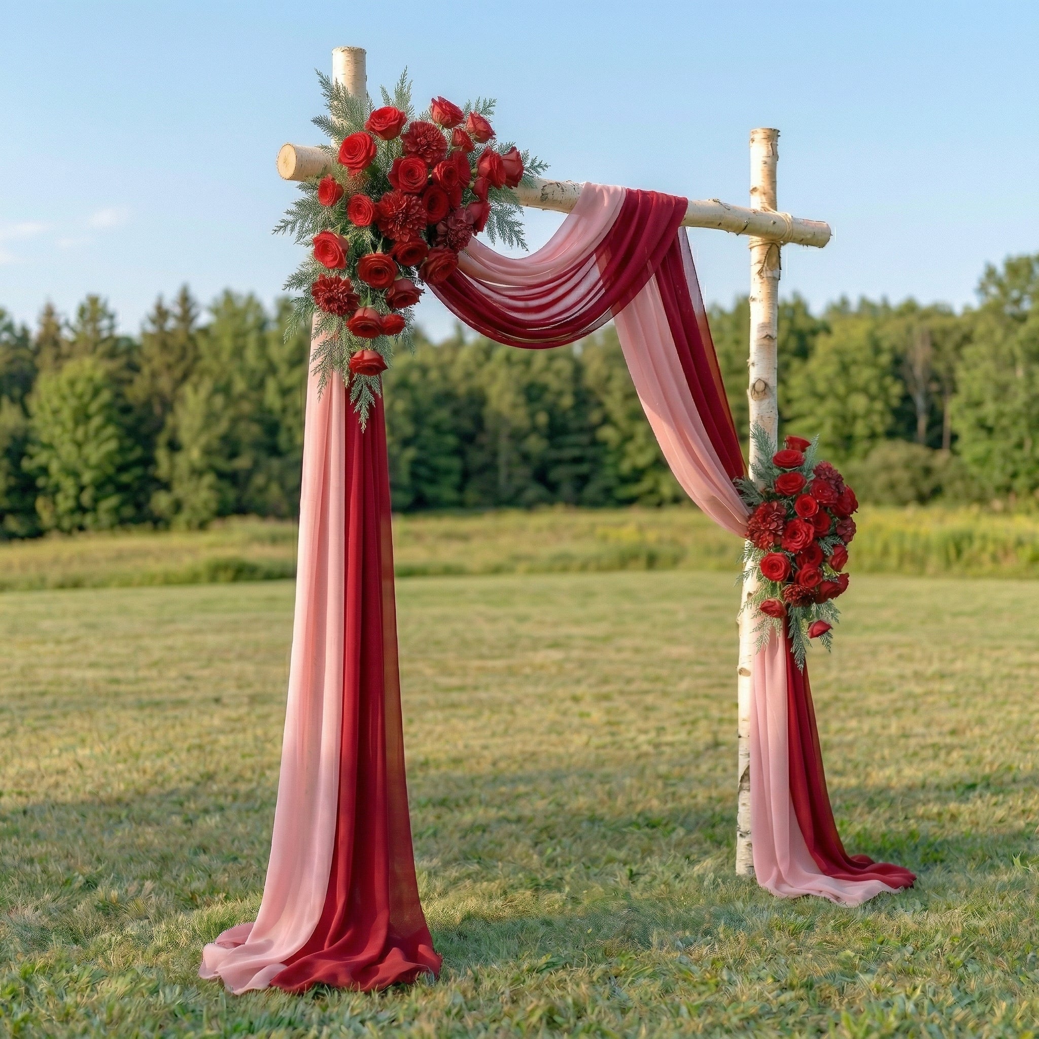 Clover Red Rose Wedding Arch Flowers Swag with Sheer Drapes Set for Luxury Ceremony Decor