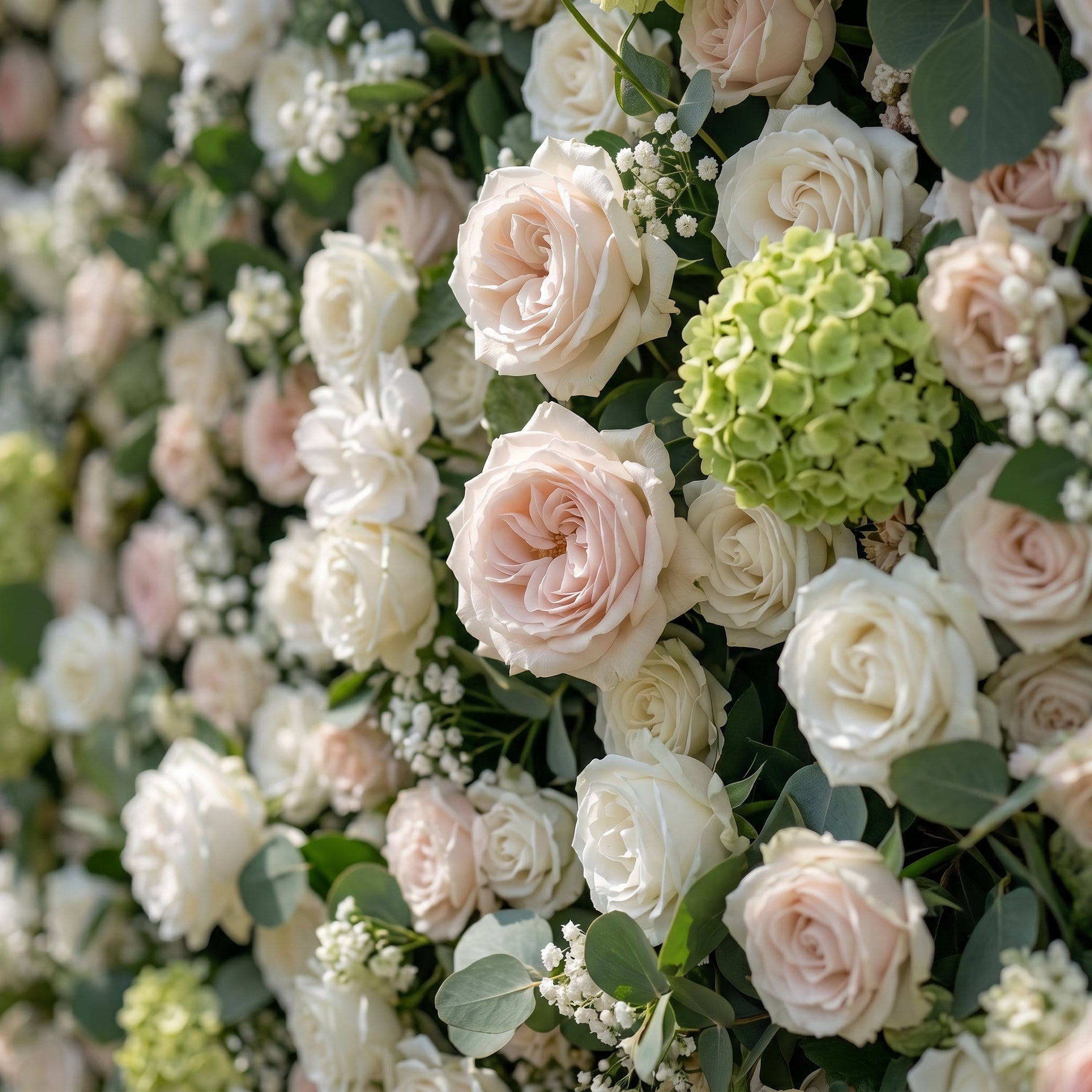 Della 3D White & Greenery Flower Wall Fabric Artificial Zip Up Curtain Flower Wall For Wedding and Events Decoration