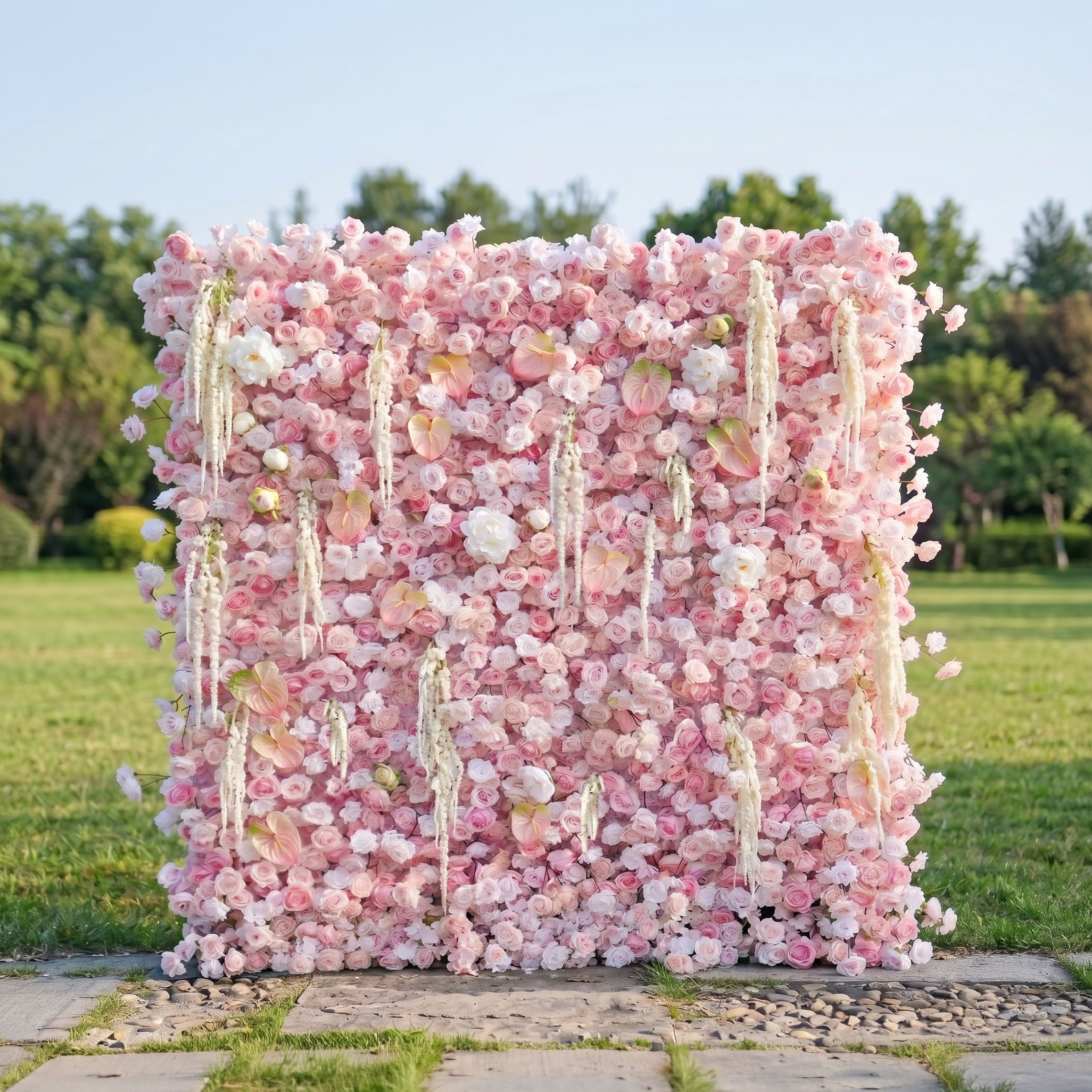 Eden 3D Pink Flower Wall & Tassel Design Fabric Artificial Zip Up Curtain Flower Wall For Wedding and Events Decoration
