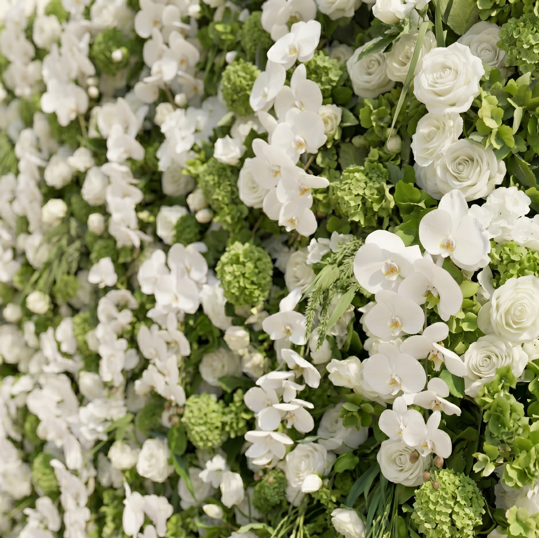 Blush Luxury 4D White & Green Silk Floral Wall Roll-Up Backdrop for Edgy Romantic Weddings