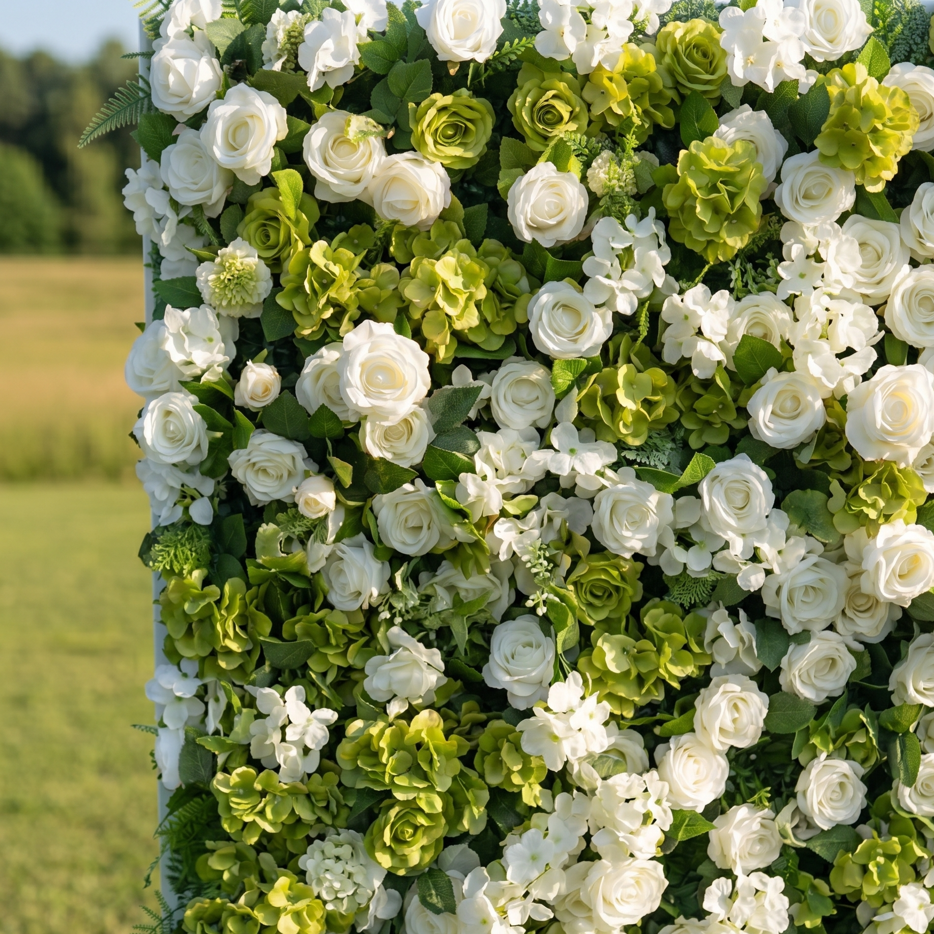 Evora 3D White Rose & Greenery Flower Wall Fabric Artificial Zip Up Curtain Flower Wall For Wedding and Events Decoration