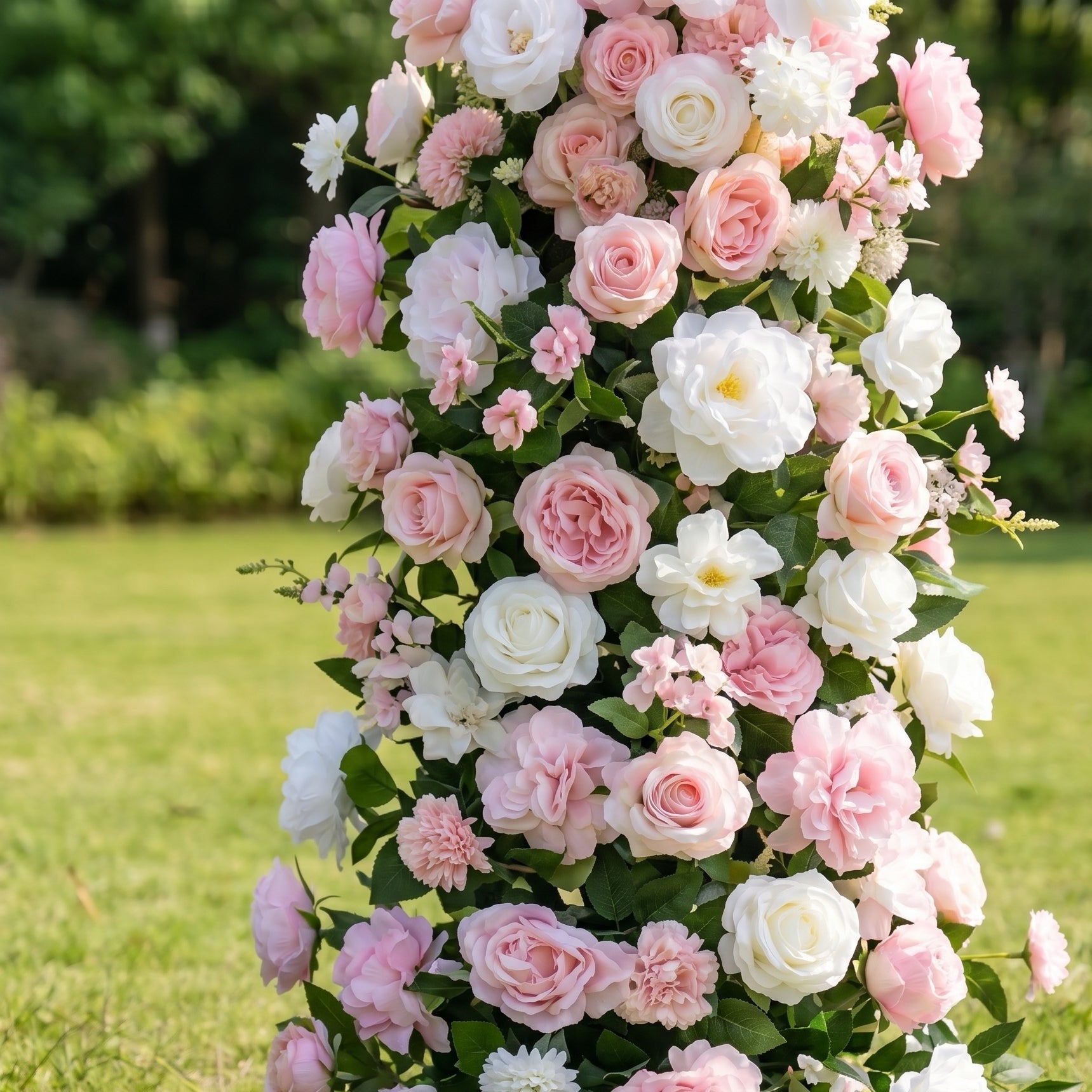 Genevren 3D Pink & White Artificial Flower Pillar Wedding Backdrop Arch KT Board Decor Floral Arrangement