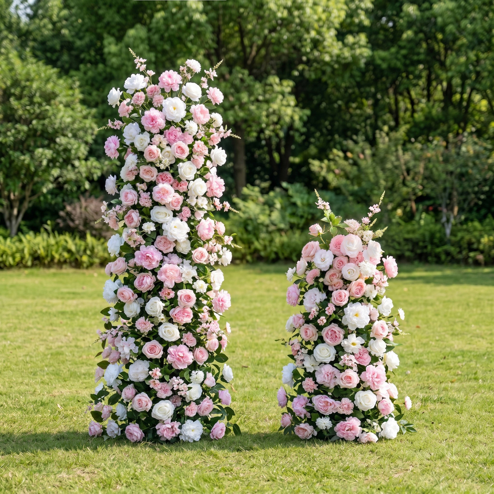 Genevren 3D Pink & White Artificial Flower Pillar Wedding Backdrop Arch KT Board Decor Floral Arrangement