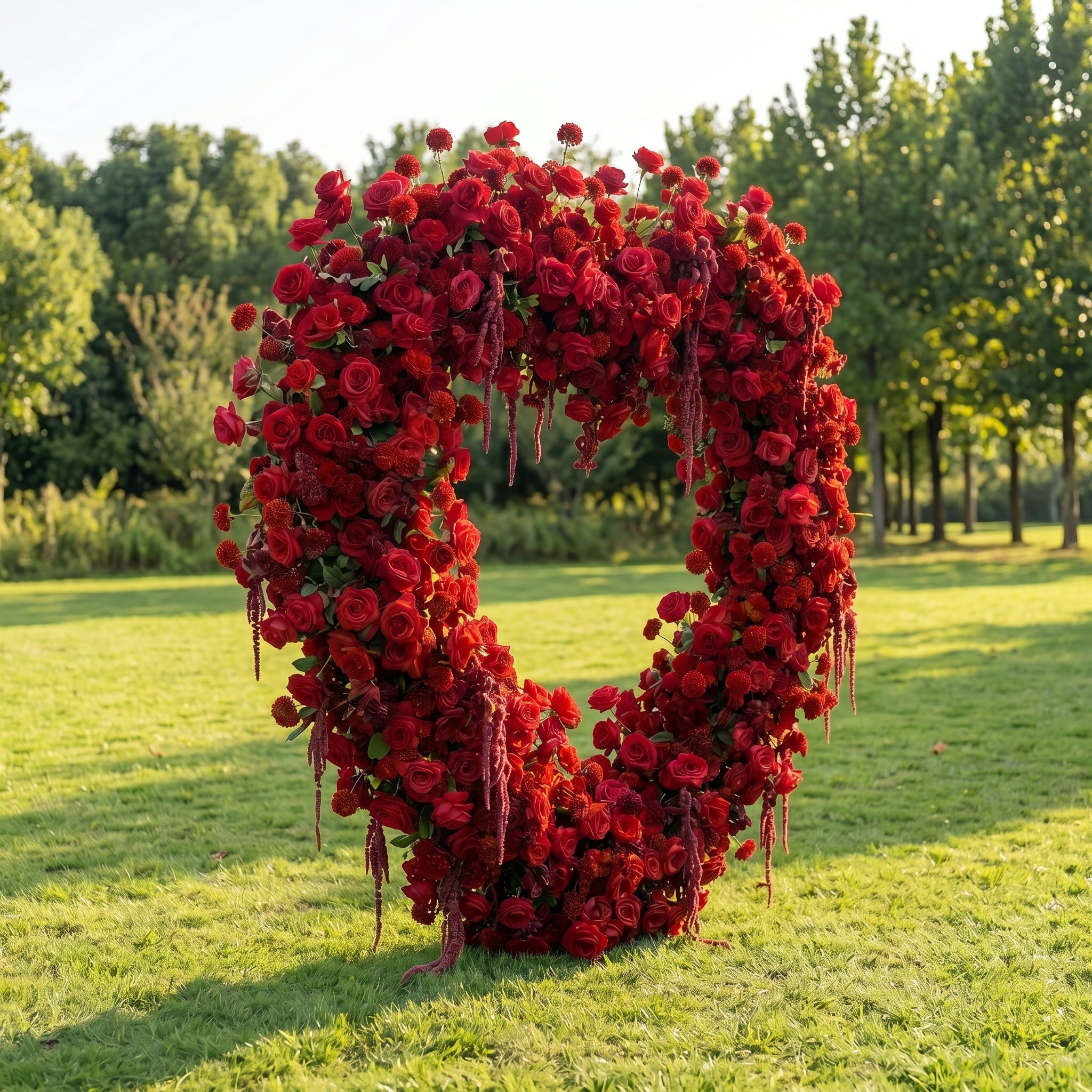 Gisellina Heart-Shaped Red Silk Rose Flower Arch Floral Arrangement for Romantic Weddings
