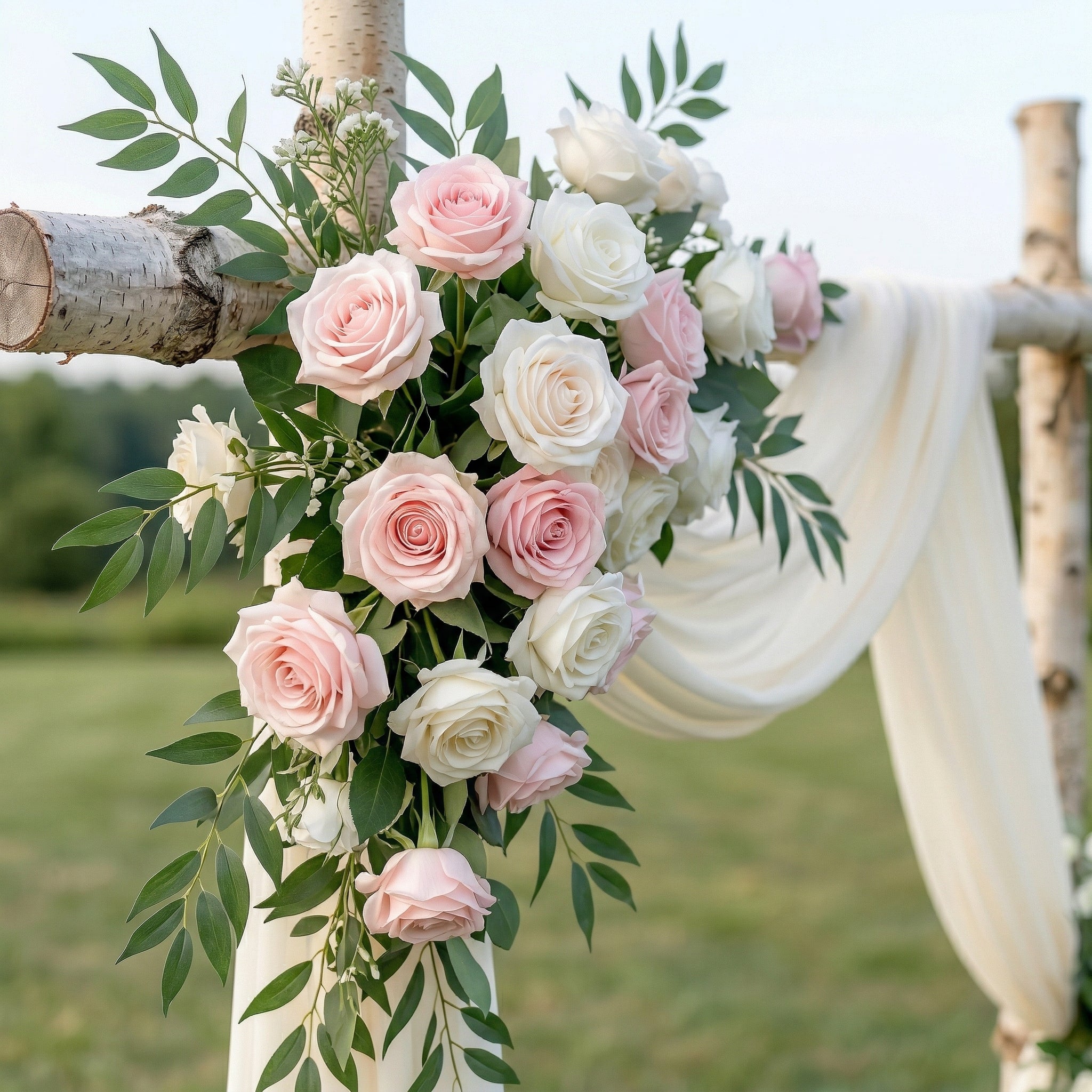 Isola Angel-Pure White Rose and Sheer Drape Arch for Luxury Ceremony Decor
