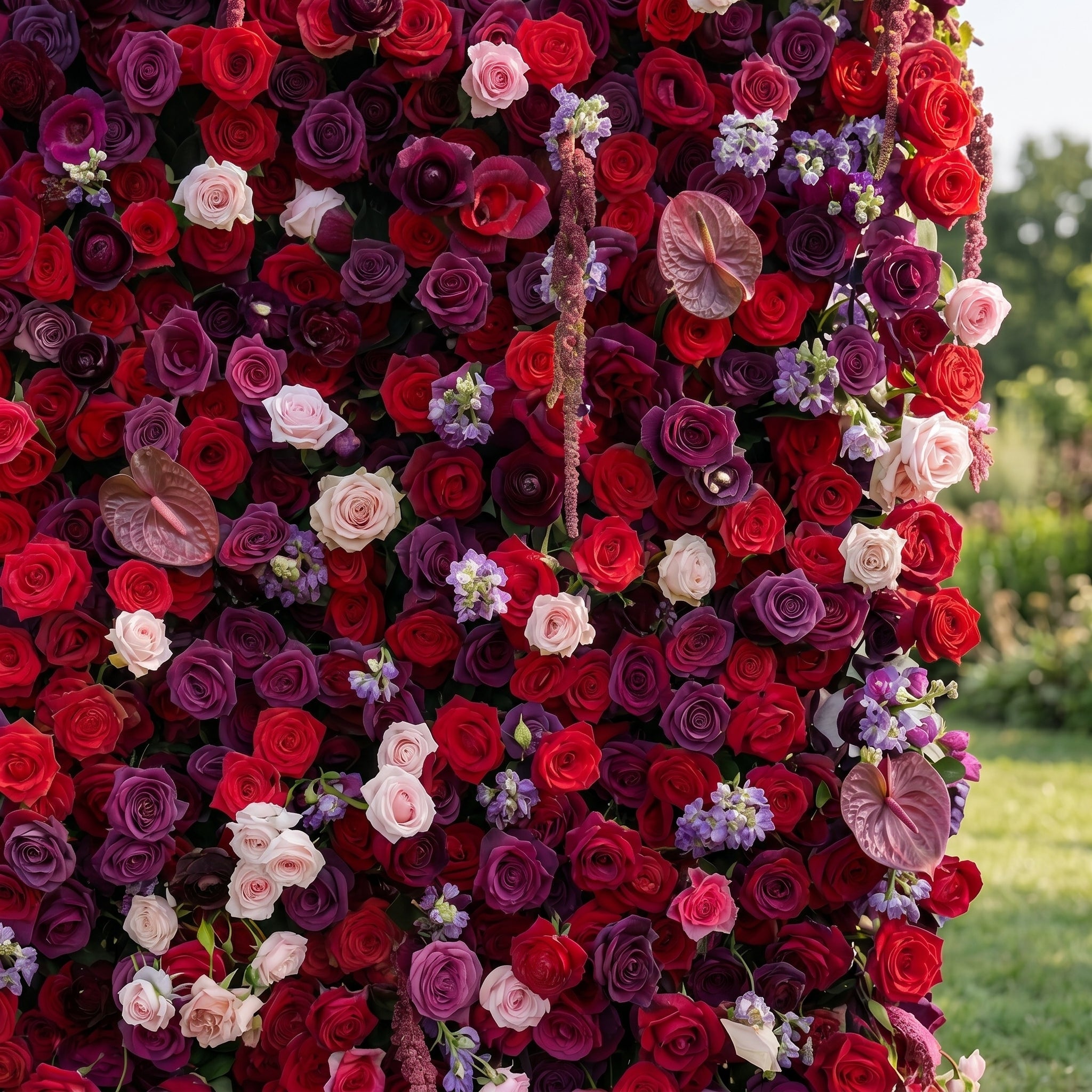 Jade 3D Fabric Backdrop Purple & Red Artificial Flower Wall with Zip-Up Design for Events and Home Decoration