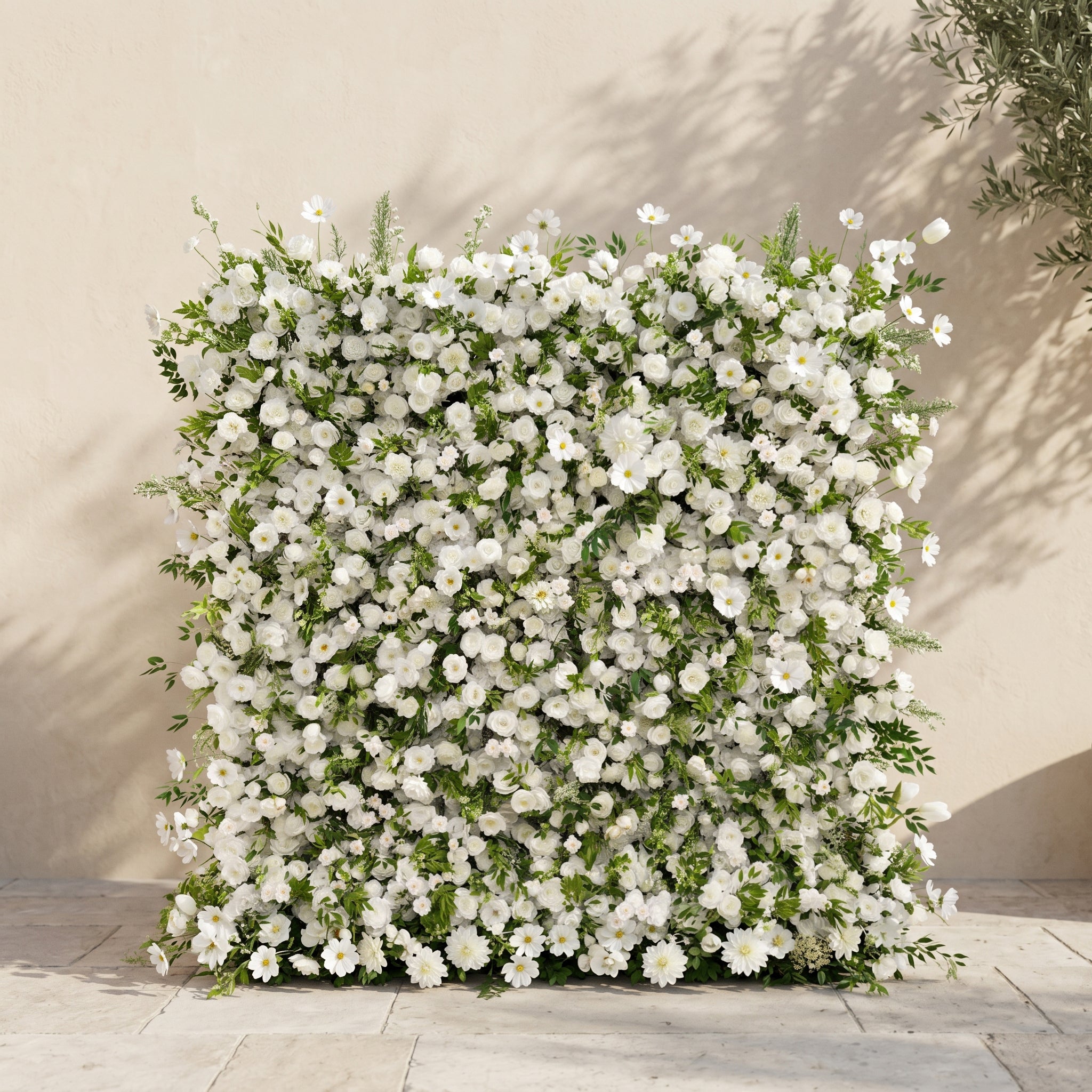 Petal Premium 4D Ivory & Greenery Silk Floral Wall Roll-Up Backdrop for Elegant Minimalist Events