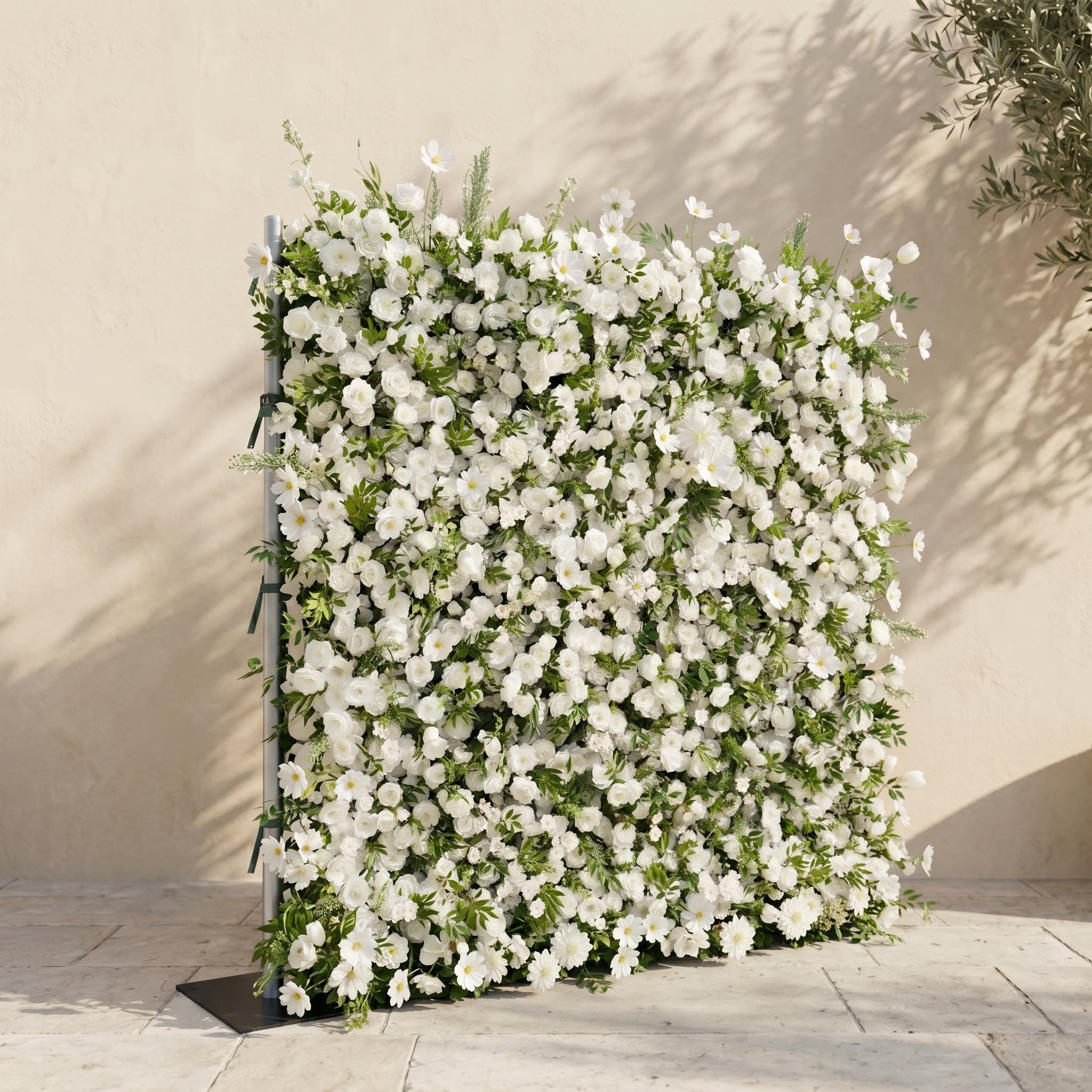 Petal Premium 4D Ivory & Greenery Silk Floral Wall Roll-Up Backdrop for Elegant Minimalist Events
