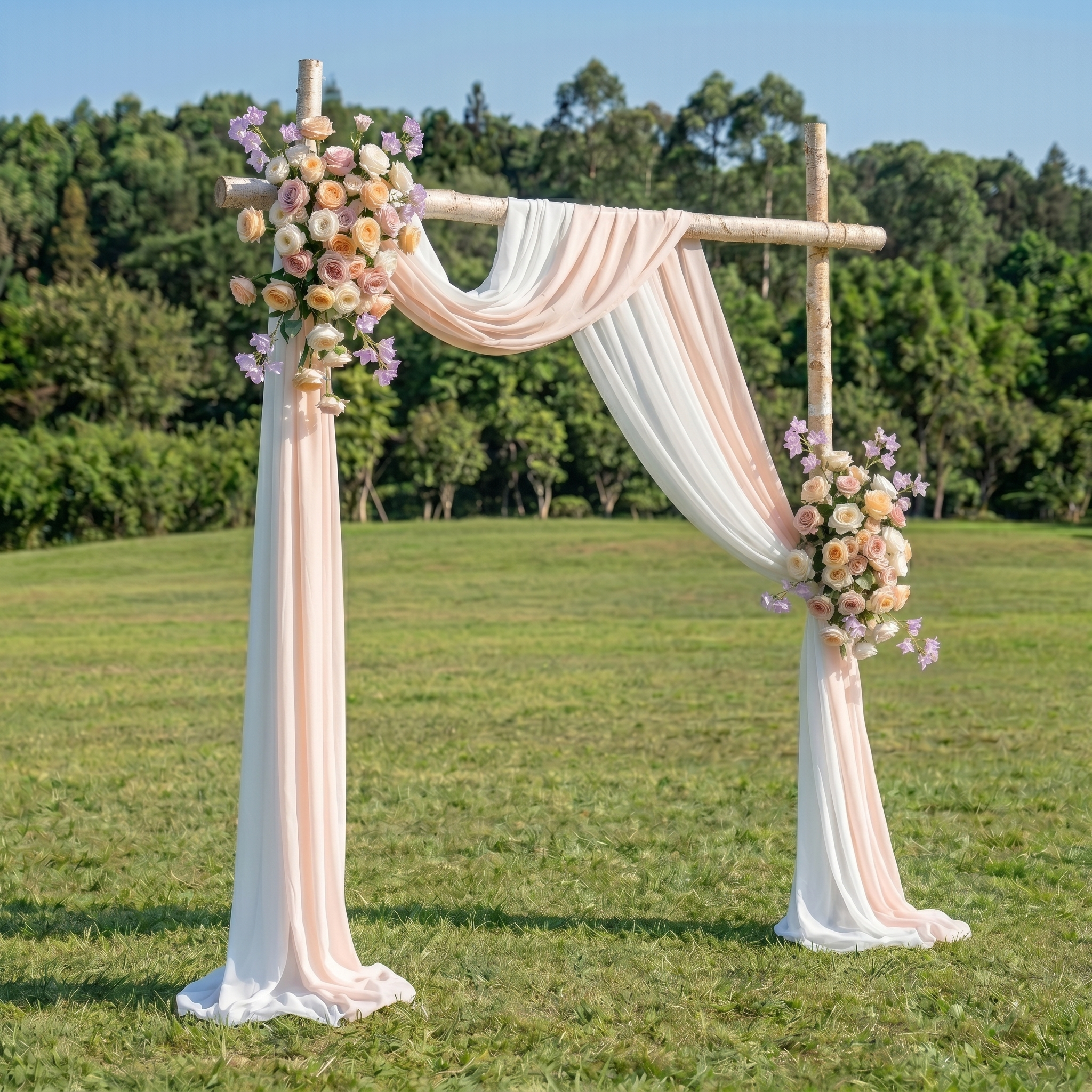 Kestrel Champagne and Purple Rose-Adorned Fabric Archway—Exclusively Designed for Wedding Receptions