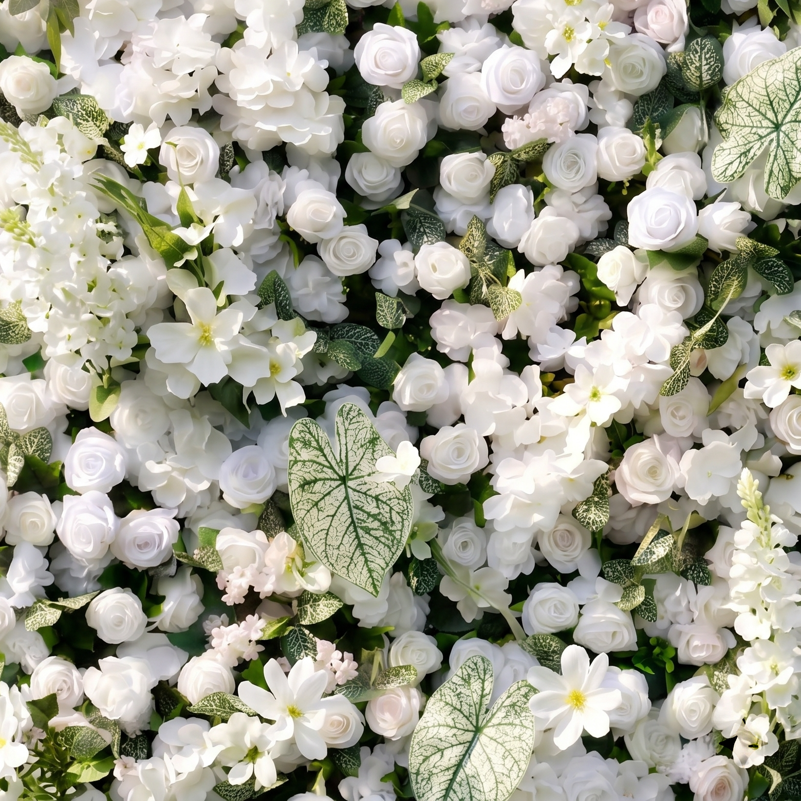 Reina 3D White Rose & Greenery Flower Wall Fabric Artificial Zip Up Curtain Flower Wall For Wedding and Events Decoration