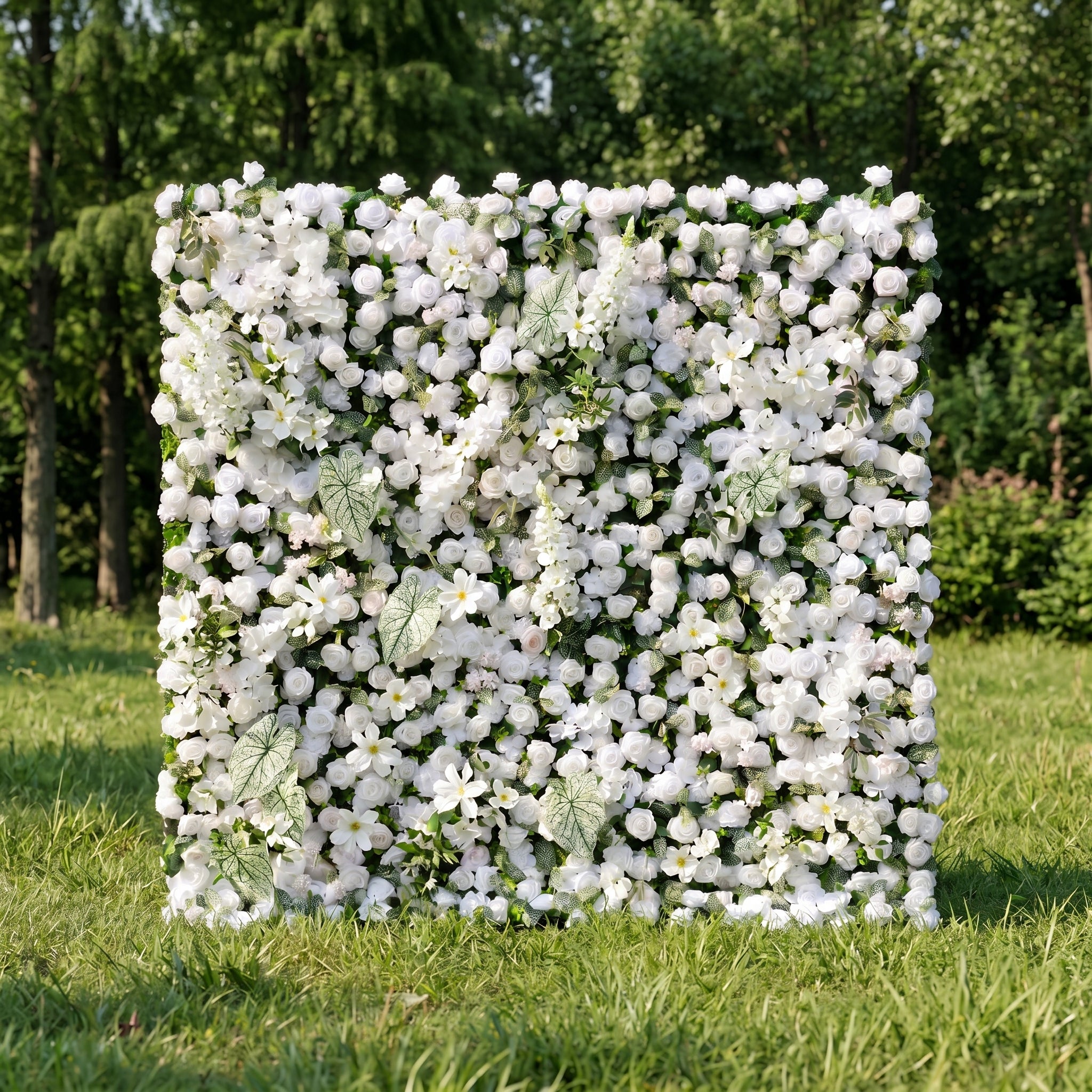 Reina 3D White Rose & Greenery Flower Wall Fabric Artificial Zip Up Curtain Flower Wall For Wedding and Events Decoration
