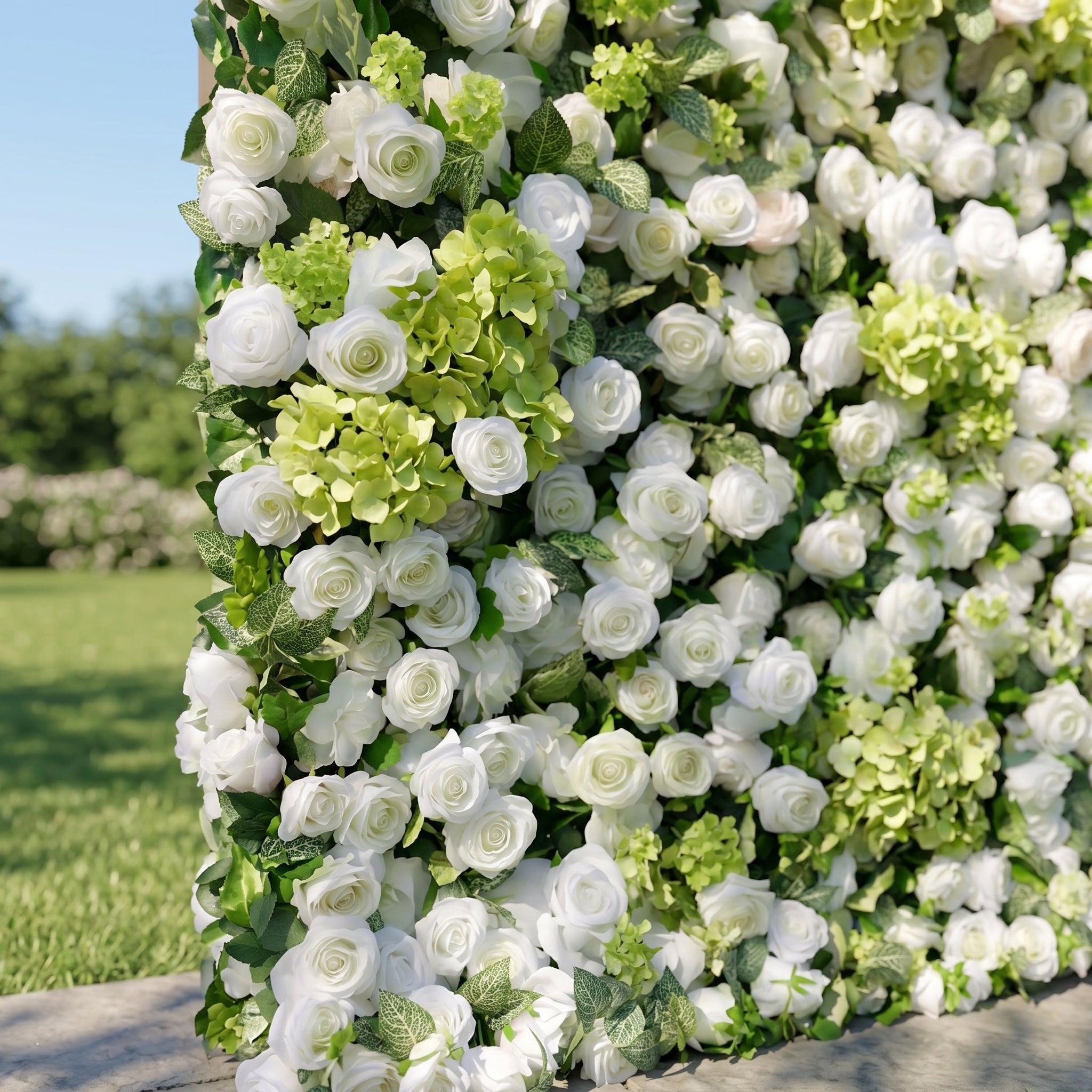 Talia 3D White & Greenery Rose Flower Wall Fabric Artificial Zip Up Curtain Flower Wall For Wedding and Events Decoration