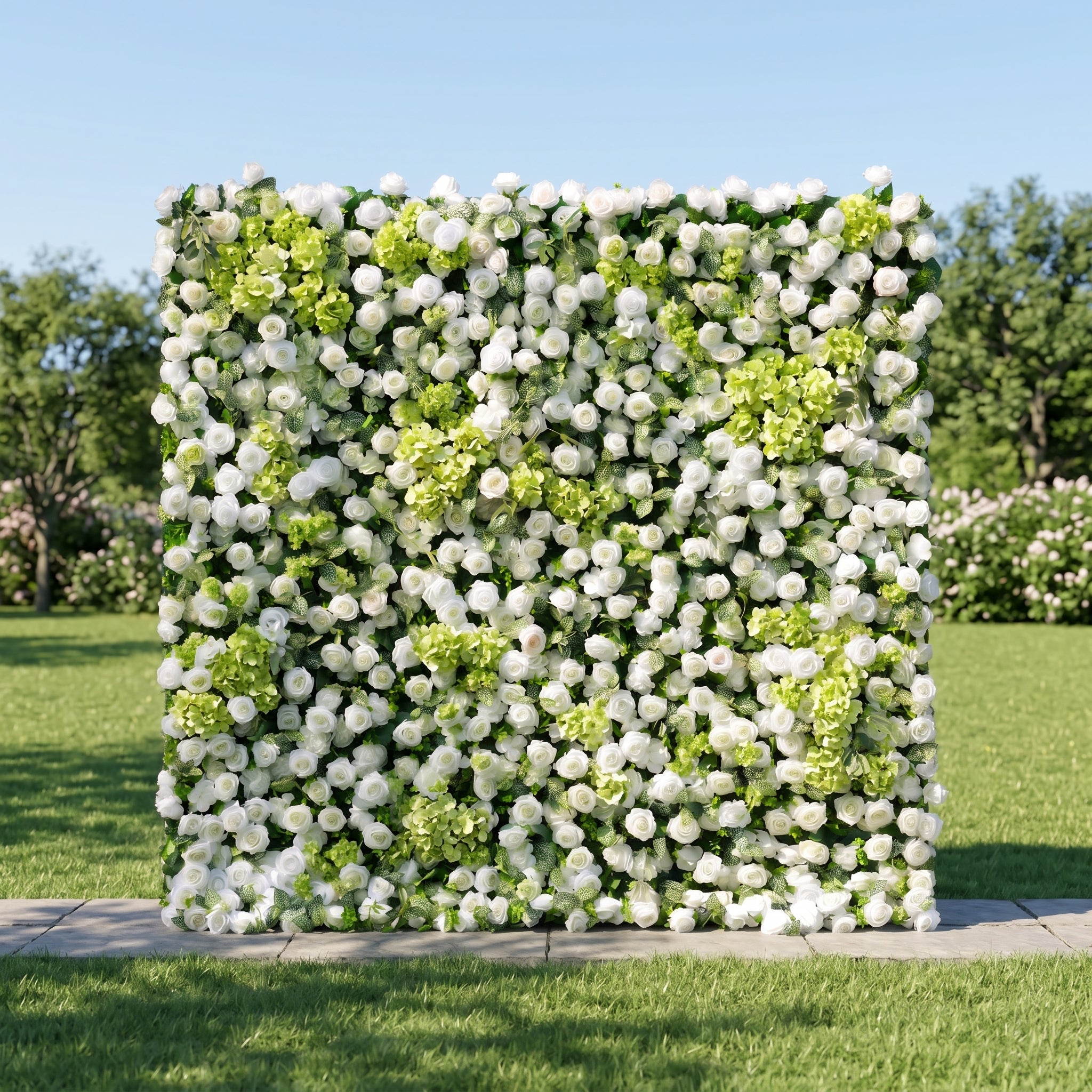 Talia 3D White & Greenery Rose Flower Wall Fabric Artificial Zip Up Curtain Flower Wall For Wedding and Events Decoration