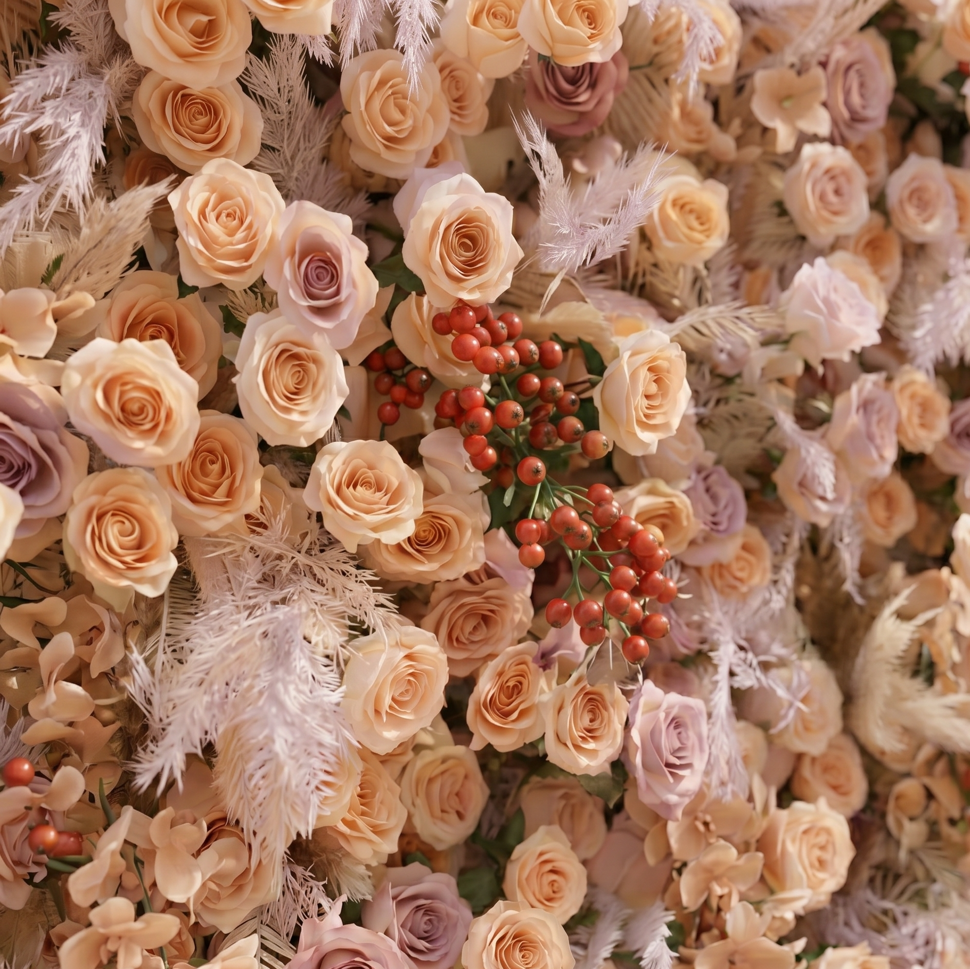 Rove Luxury 5D Champagne & Peach Silk Rose Flower Wall with Autumn Berries for Romantic Manor Weddings