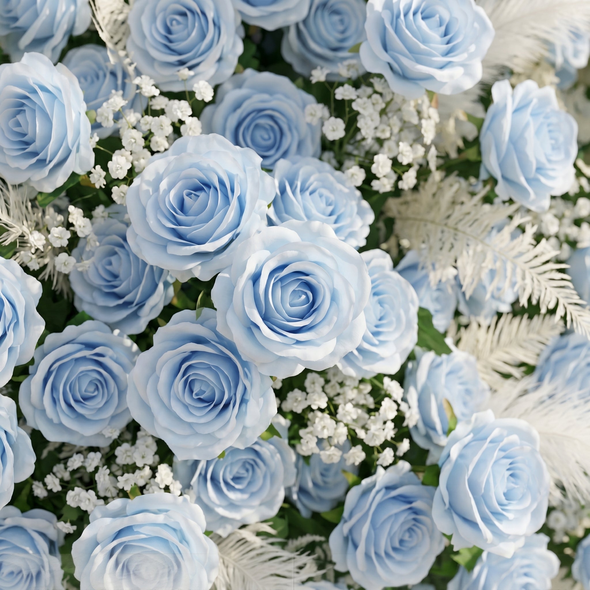 Mist Luxury 4D Dusty Blue Floral Wall with Greenery Roll-Up Backdrop for Serene Garden Weddings