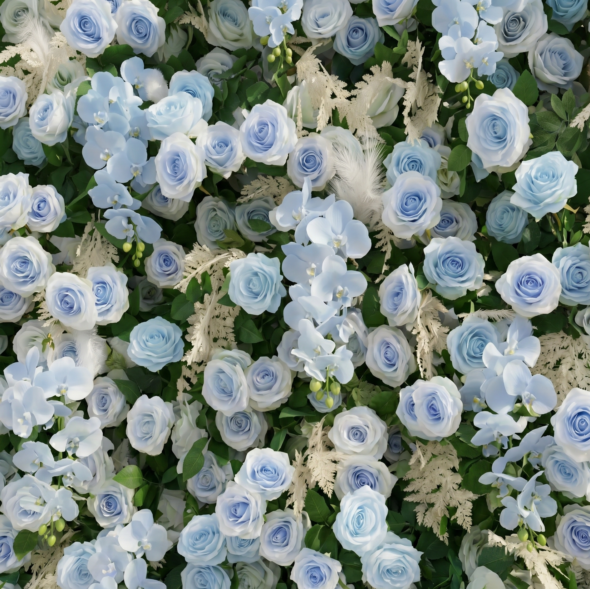 Mist Luxury 4D Dusty Blue Floral Wall with Greenery Roll-Up Backdrop for Serene Garden Weddings