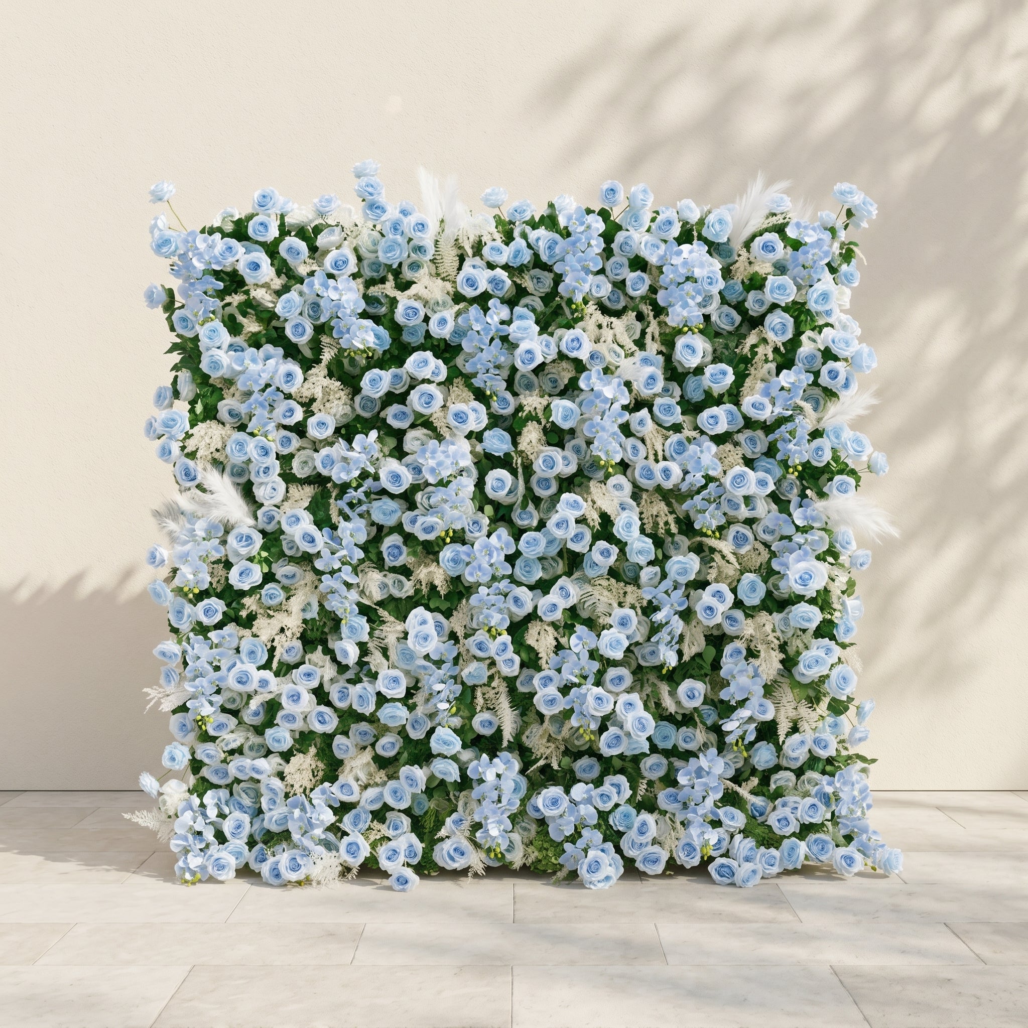 Mist Luxury 4D Dusty Blue Floral Wall with Greenery Roll-Up Backdrop for Serene Garden Weddings