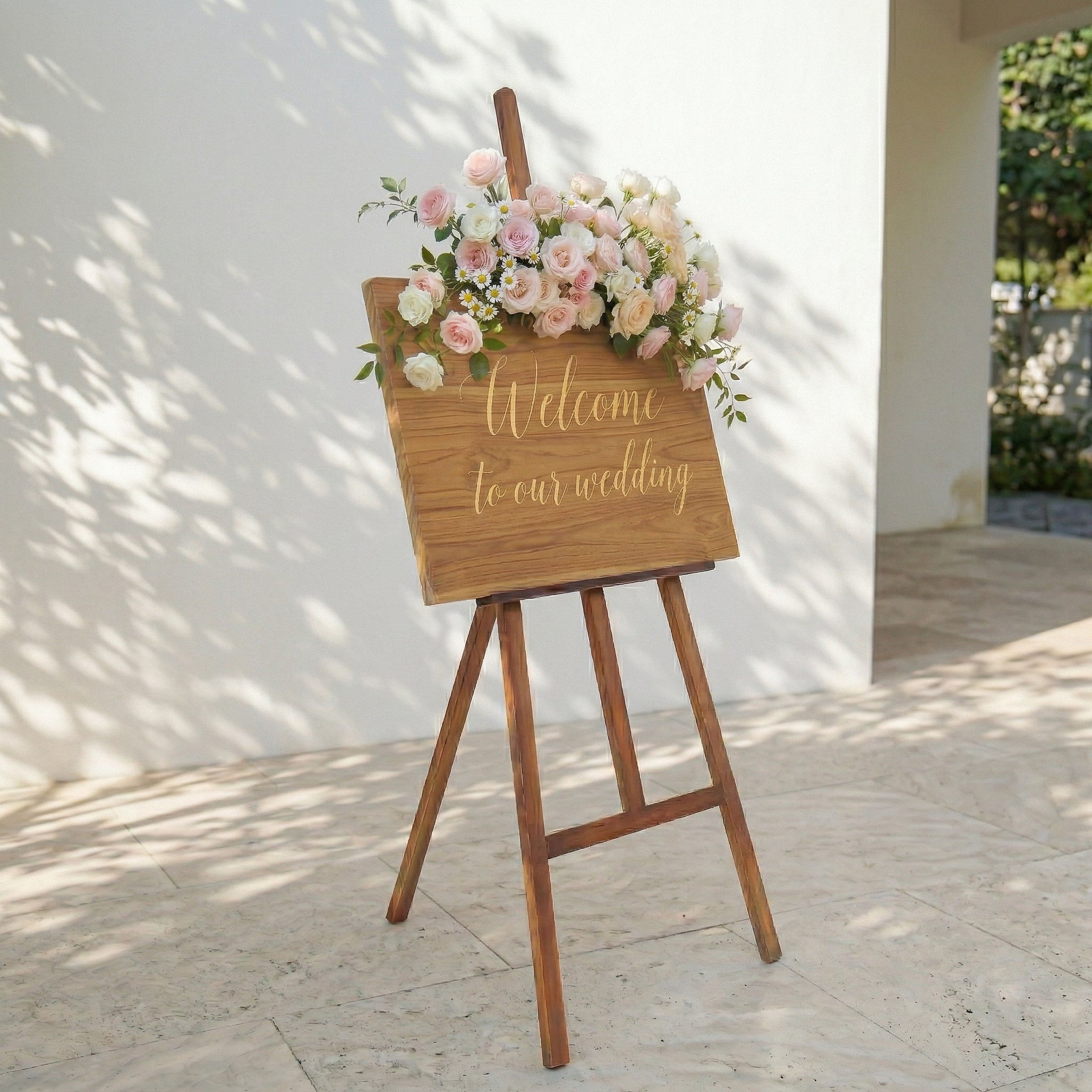 Pink White Champagne Rose & Greenery Welcome Sign Flowers Wedding Entryway Decor Props