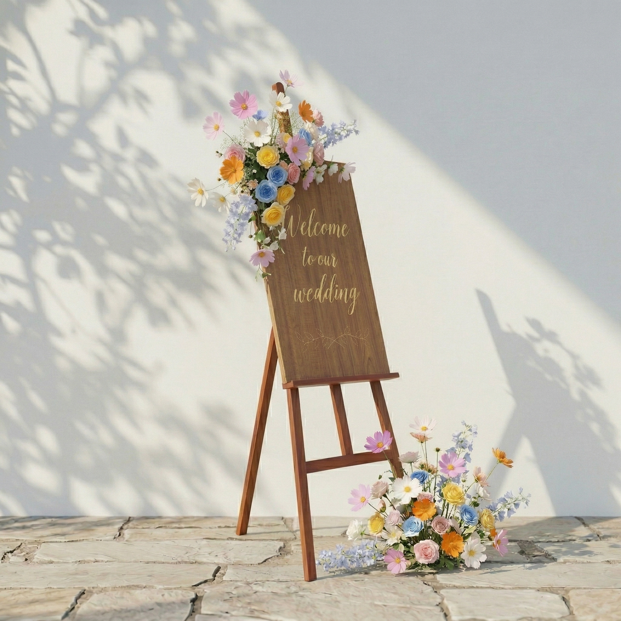 2PCS Pink Yellow Blue Series Welcome Sign Flower Wedding Event Props