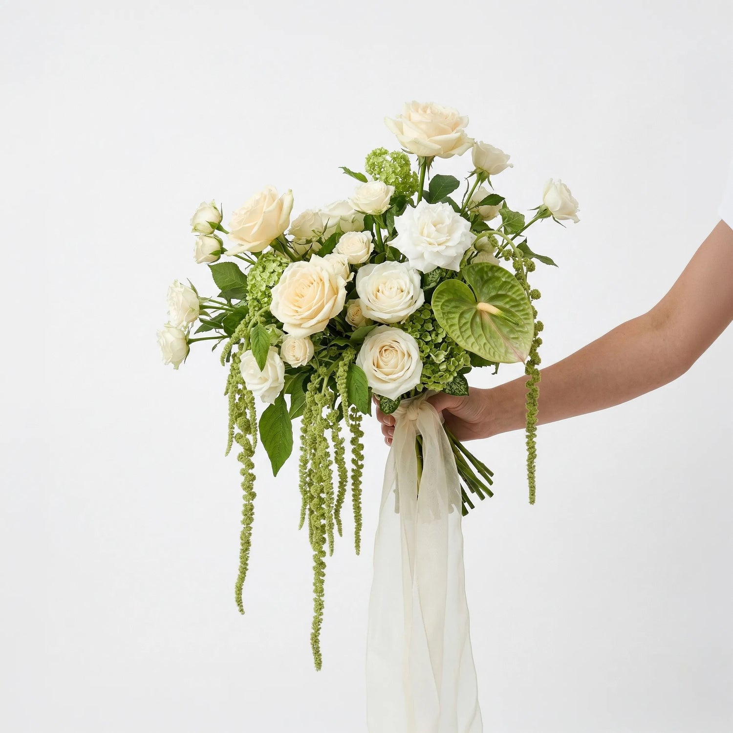 White Rose &amp; Greenery Artificial Bridal Bouquet Weddings Anniversary Party Supplies