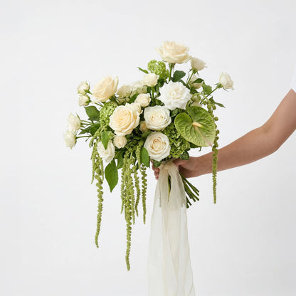 White Rose &amp; Greenery Artificial Bridal Bouquet Weddings Anniversary Party Supplies