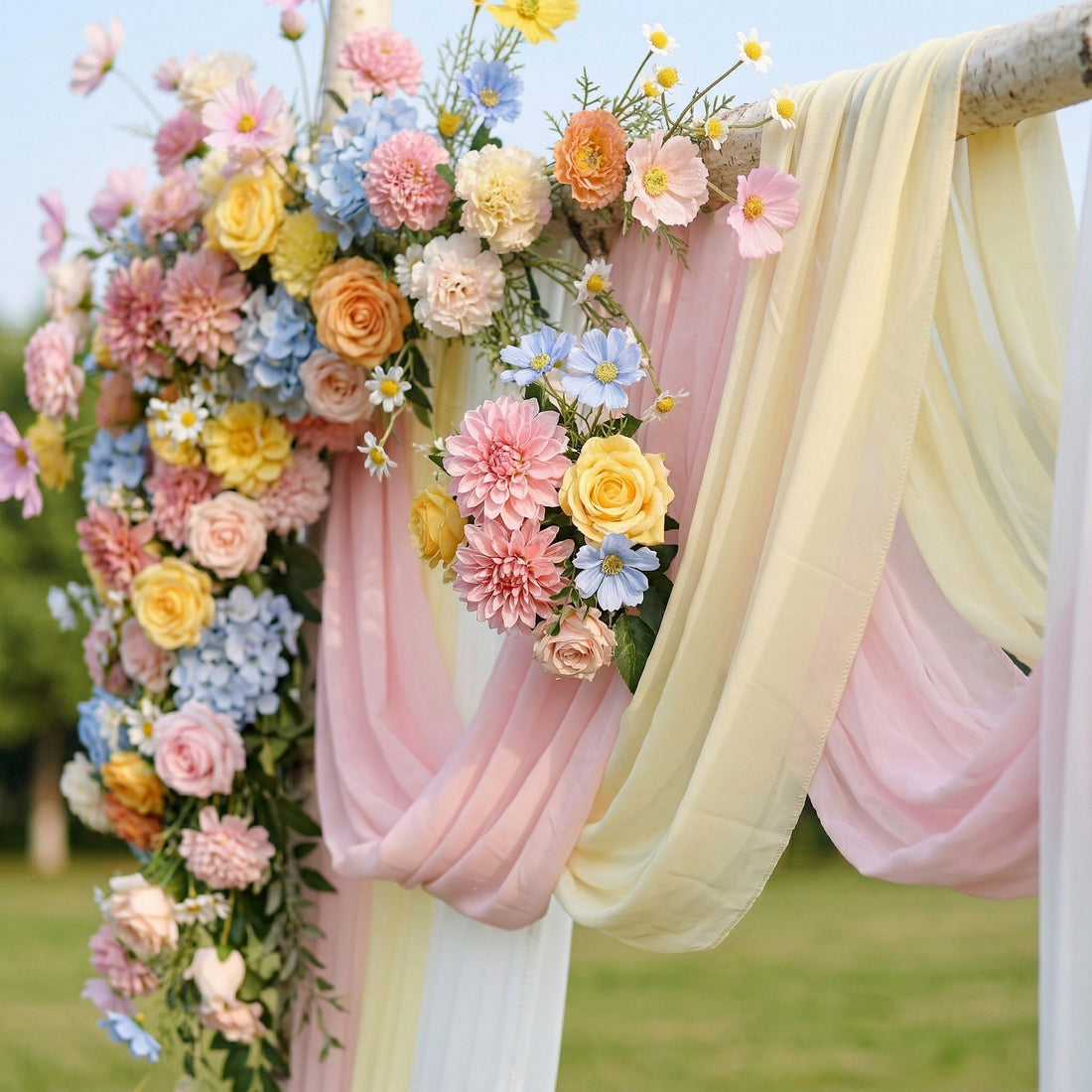 Moss Colorful Arch Flowers Swag with Sheer Drapes Set for Wedding and Decor