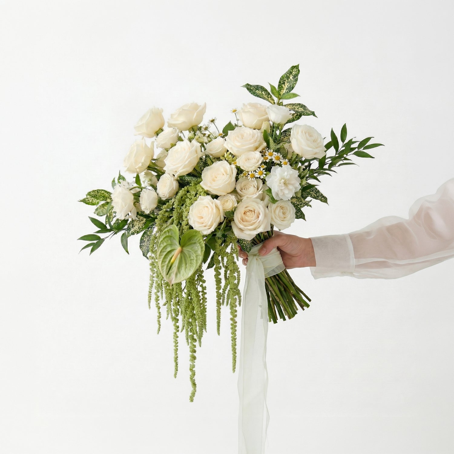 White Rose &amp; Greenery Artificial Bridal Bouquet Weddings Anniversary Party Supplies