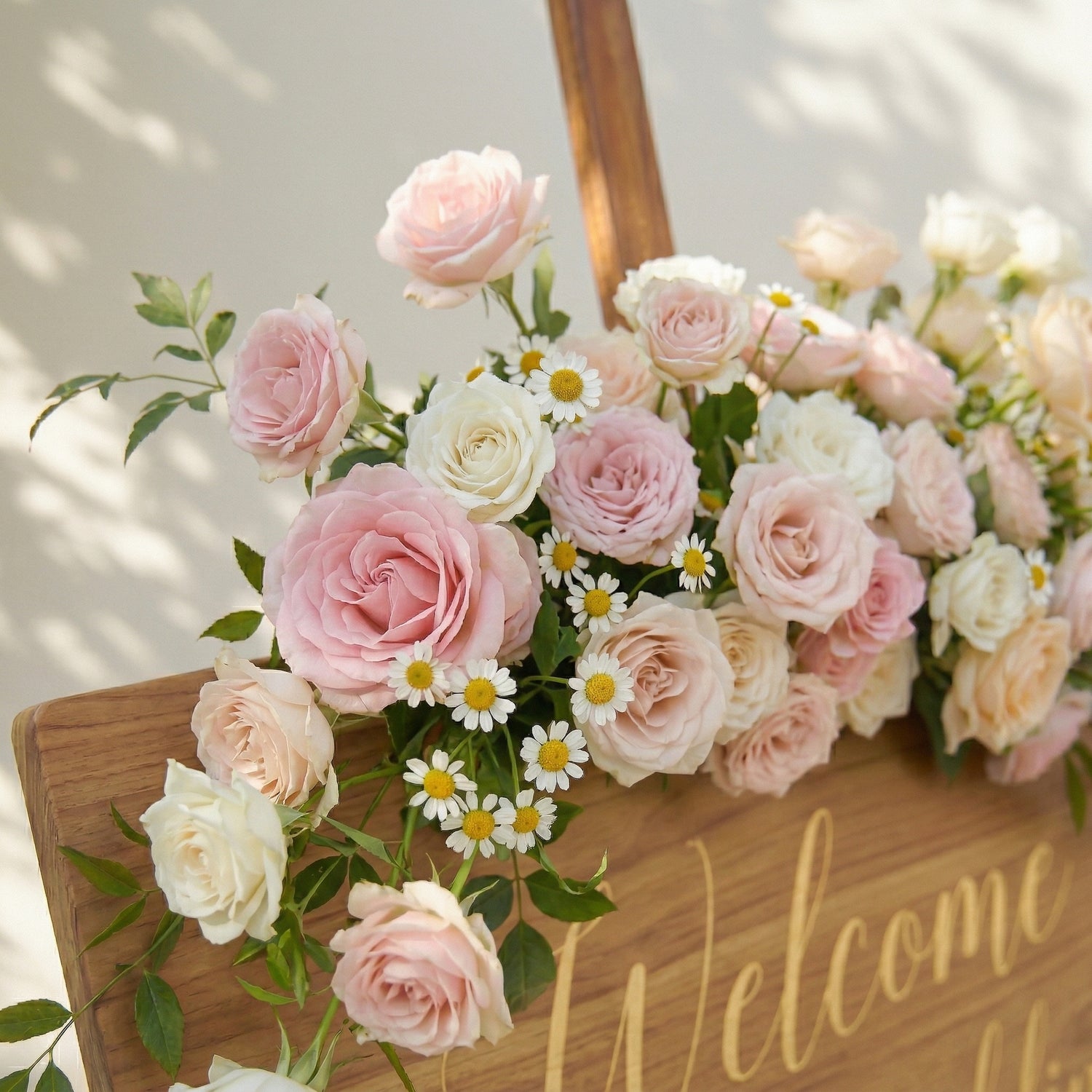 Pink White Champagne Rose &amp; Greenery Welcome Sign Flowers Wedding Entryway Decor Props