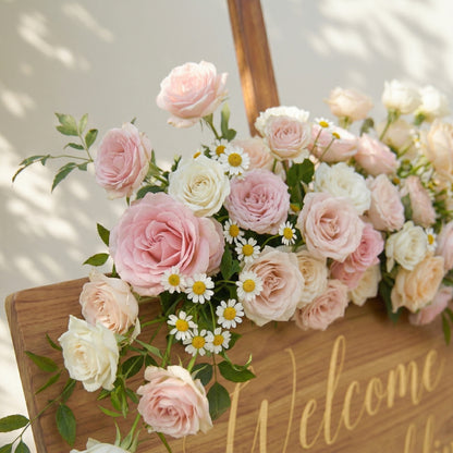 Pink White Champagne Rose &amp; Greenery Welcome Sign Flowers Wedding Entryway Decor Props