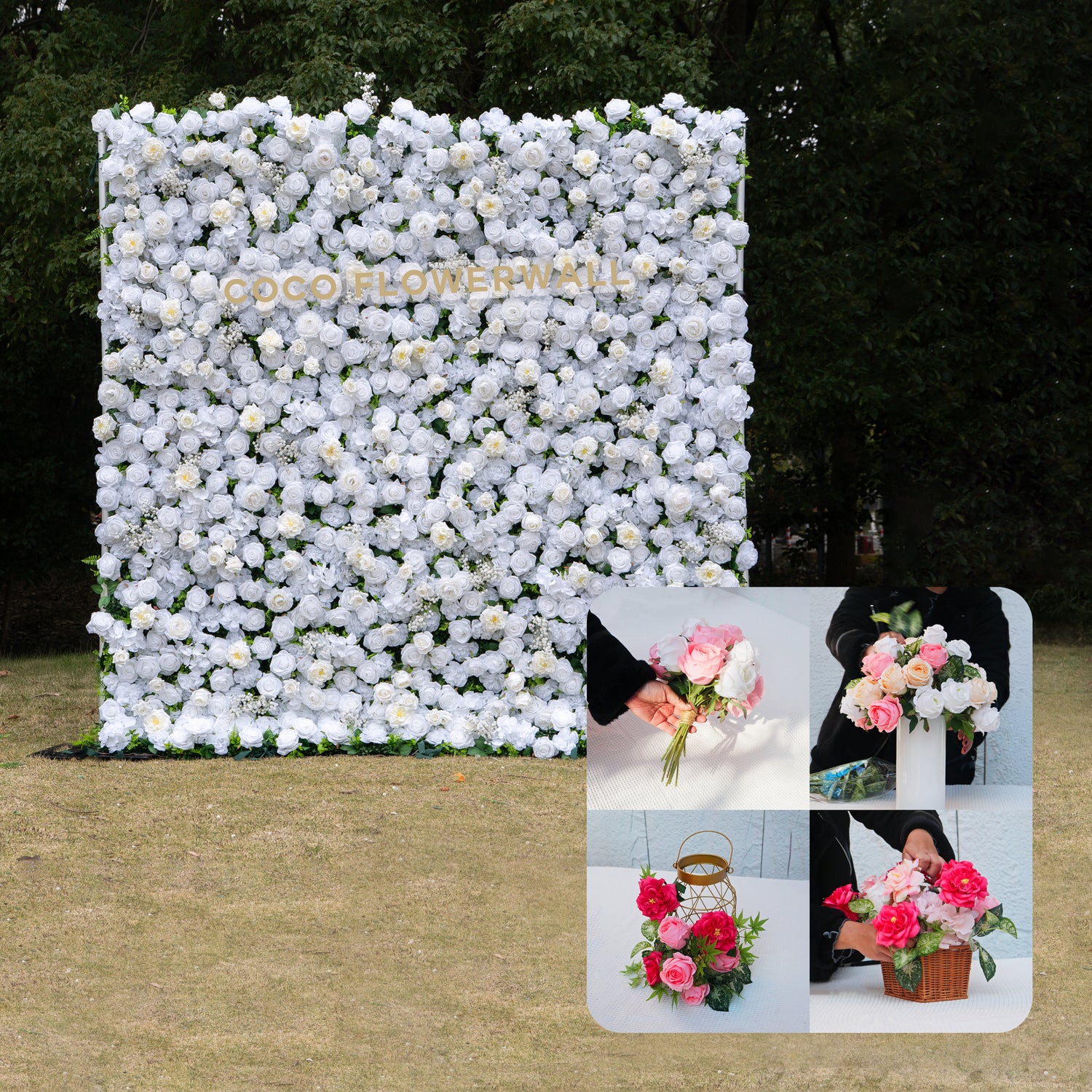 CP Coco : One Fabric Backdrop Artificial rolling up flower wall+100 Stems Loose Flowers