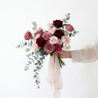 Deep Red &amp; Pink Artificial Rose Bride Bouquet Romantic Wedding Ceremony Party Props