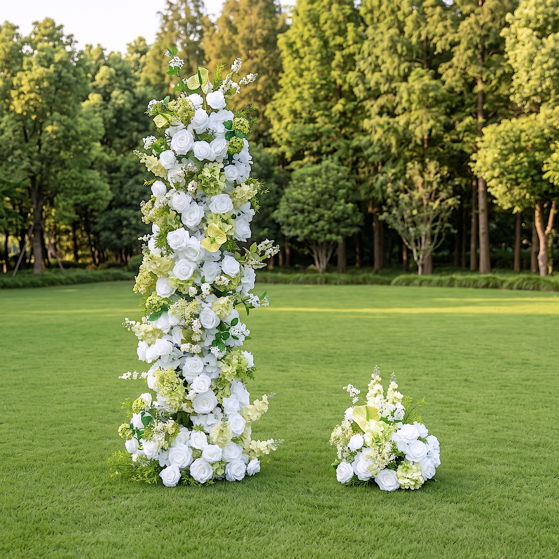 Alba Green &amp; White Artificial Flower Pillar Wedding Arch KT Board Decor Floral Arrangement