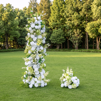 Alba Green &amp; White Artificial Flower Pillar Wedding Arch KT Board Decor Floral Arrangement