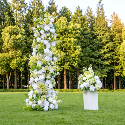 Alba Green &amp; White Artificial Flower Pillar Wedding Arch KT Board Decor Floral Arrangement
