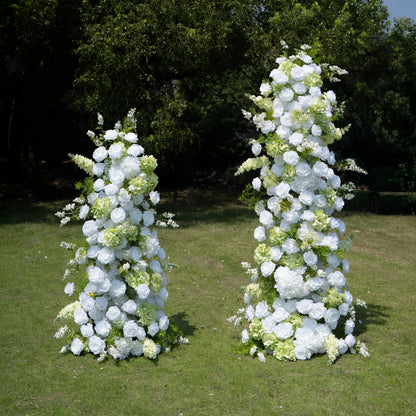 Alba green and white floral pillar wedding arch, front view