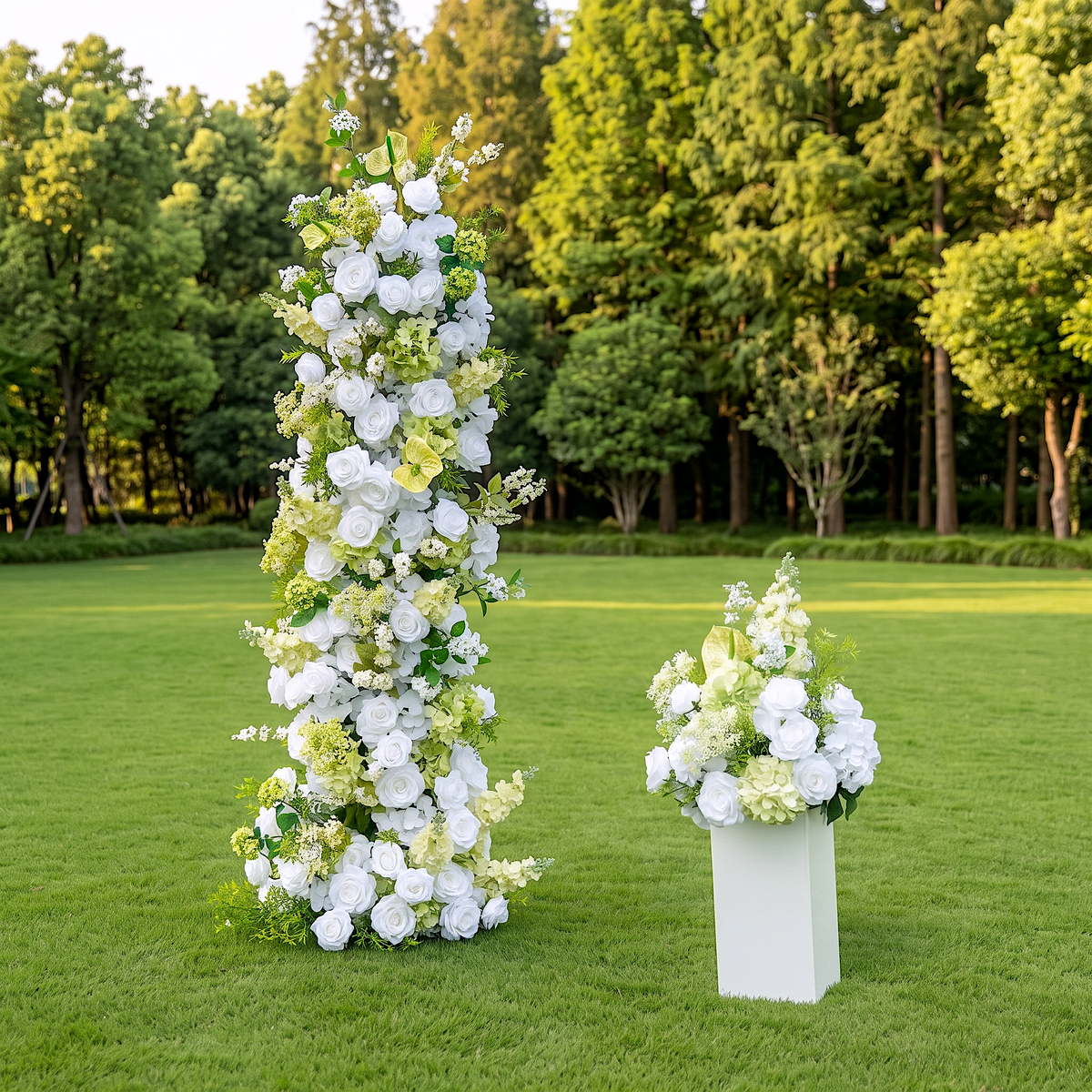 Alba Green &amp; White Artificial Flower Pillar Wedding Arch KT Board Decor Floral Arrangement