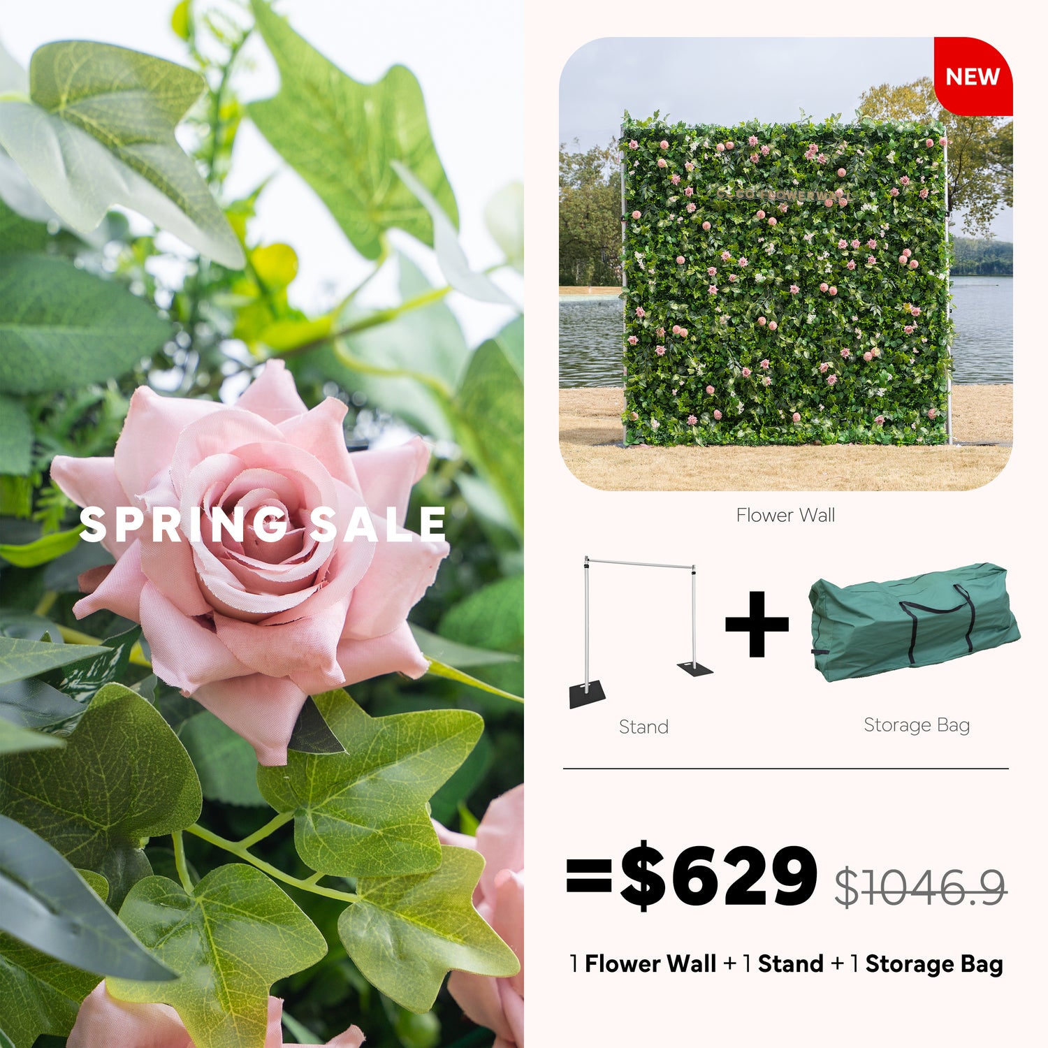 Albany 2D Artificial Zip Up Flower Wall+Stand+ Storage Bag