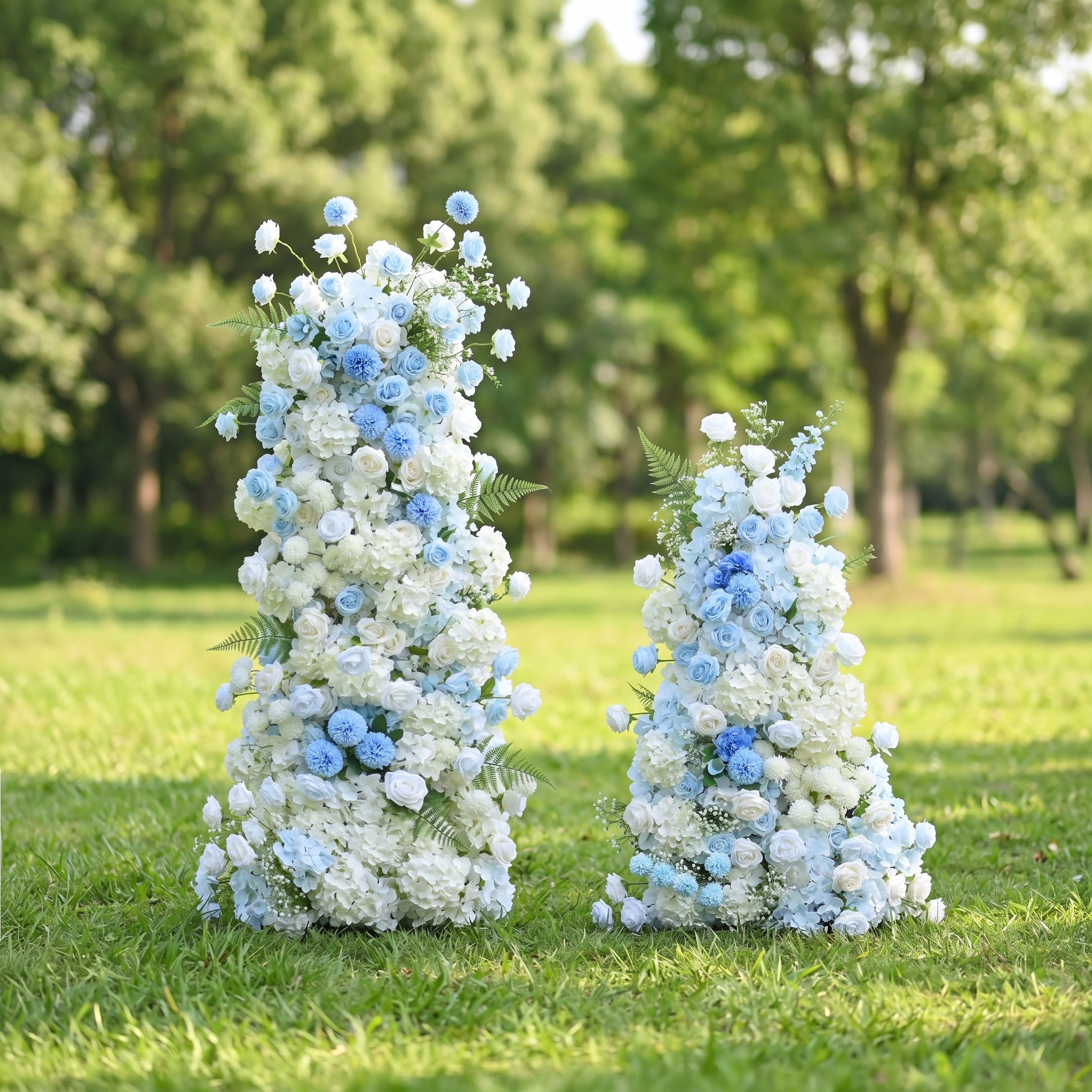 Amarora 3D Blue &amp; White Artificial Flower Pillar Wedding Backdrop Arch KT Board Decor Floral Arrangement