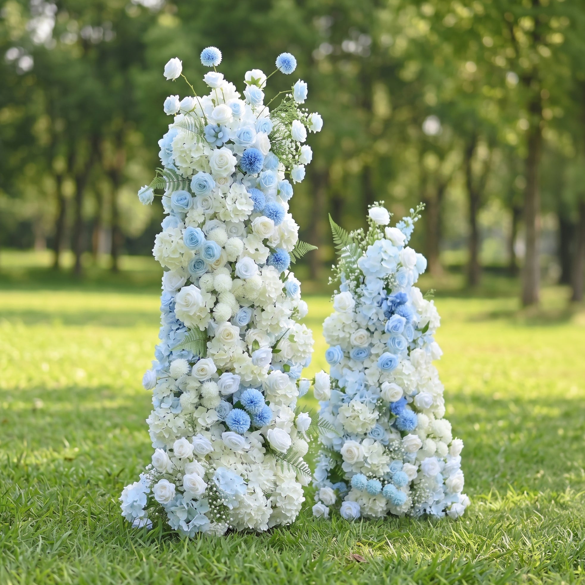 Amarora 3D Blue &amp; White Artificial Flower Pillar Wedding Backdrop Arch KT Board Decor Floral Arrangement