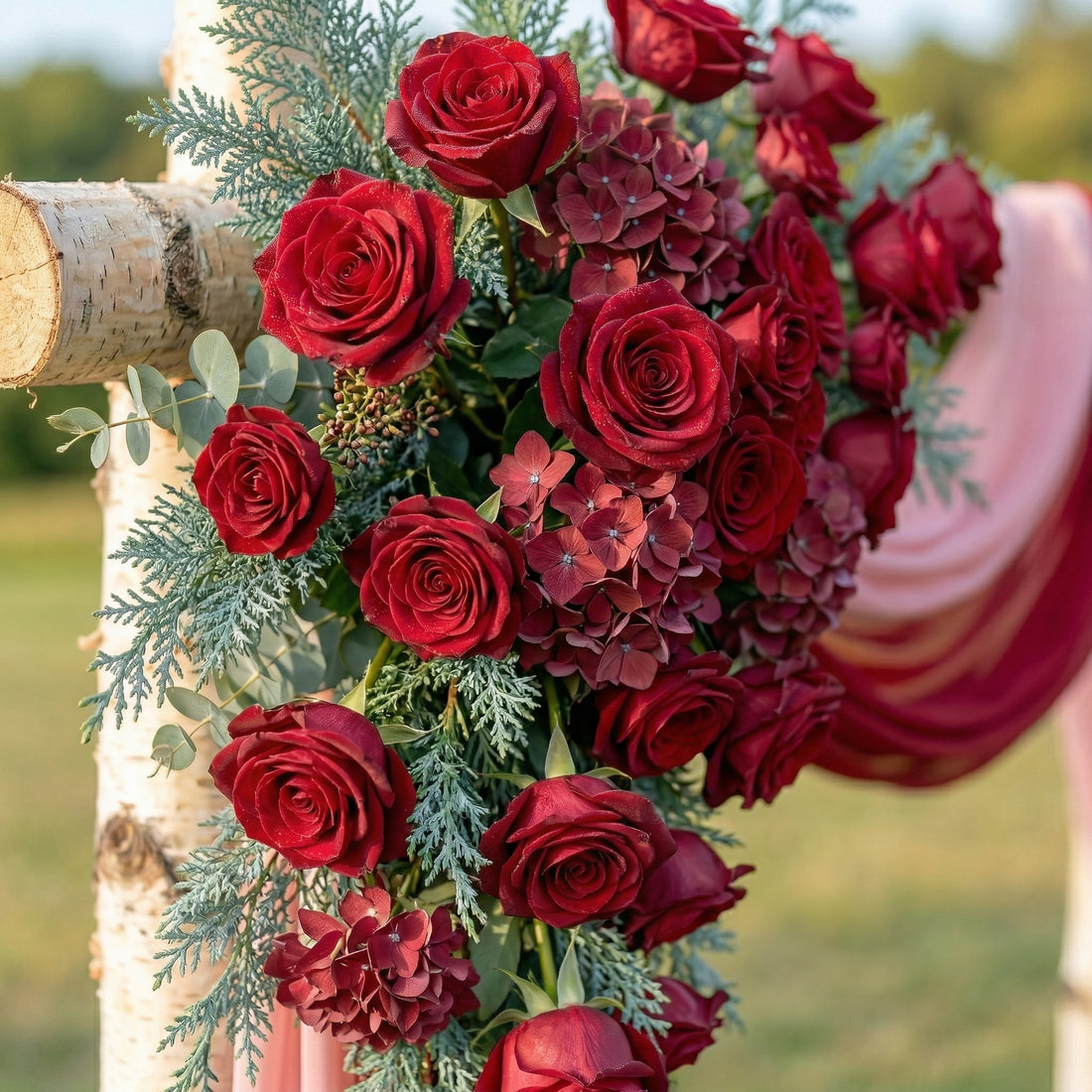 Clover Red Rose Wedding Arch Flowers Swag with Sheer Drapes Set for Luxury Ceremony Decor