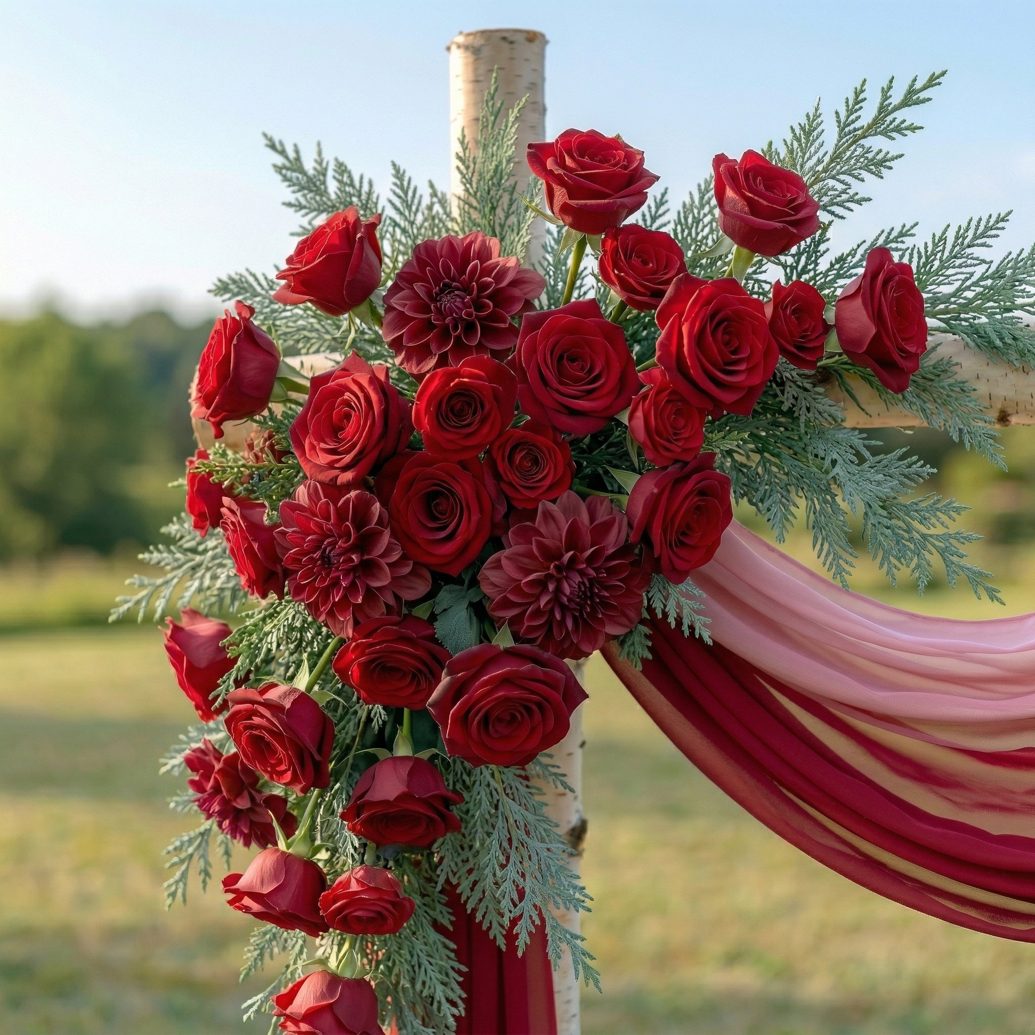 Clover Red Rose Wedding Arch Flowers Swag with Sheer Drapes Set for Luxury Ceremony Decor