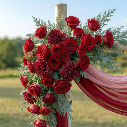 Clover Red Rose Wedding Arch Flowers Swag with Sheer Drapes Set for Luxury Ceremony Decor