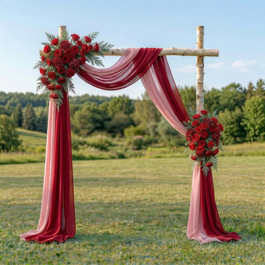 Clover Red Rose Wedding Arch Flowers Swag with Sheer Drapes Set for Luxury Ceremony Decor