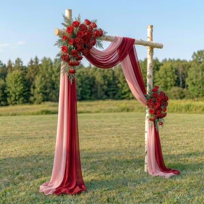 Clover Red Rose Wedding Arch Flowers Swag with Sheer Drapes Set for Luxury Ceremony Decor