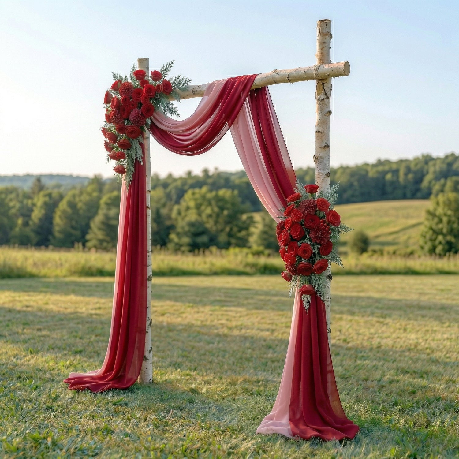 Clover Red Rose Wedding Arch Flowers Swag with Sheer Drapes Set for Luxury Ceremony Decor