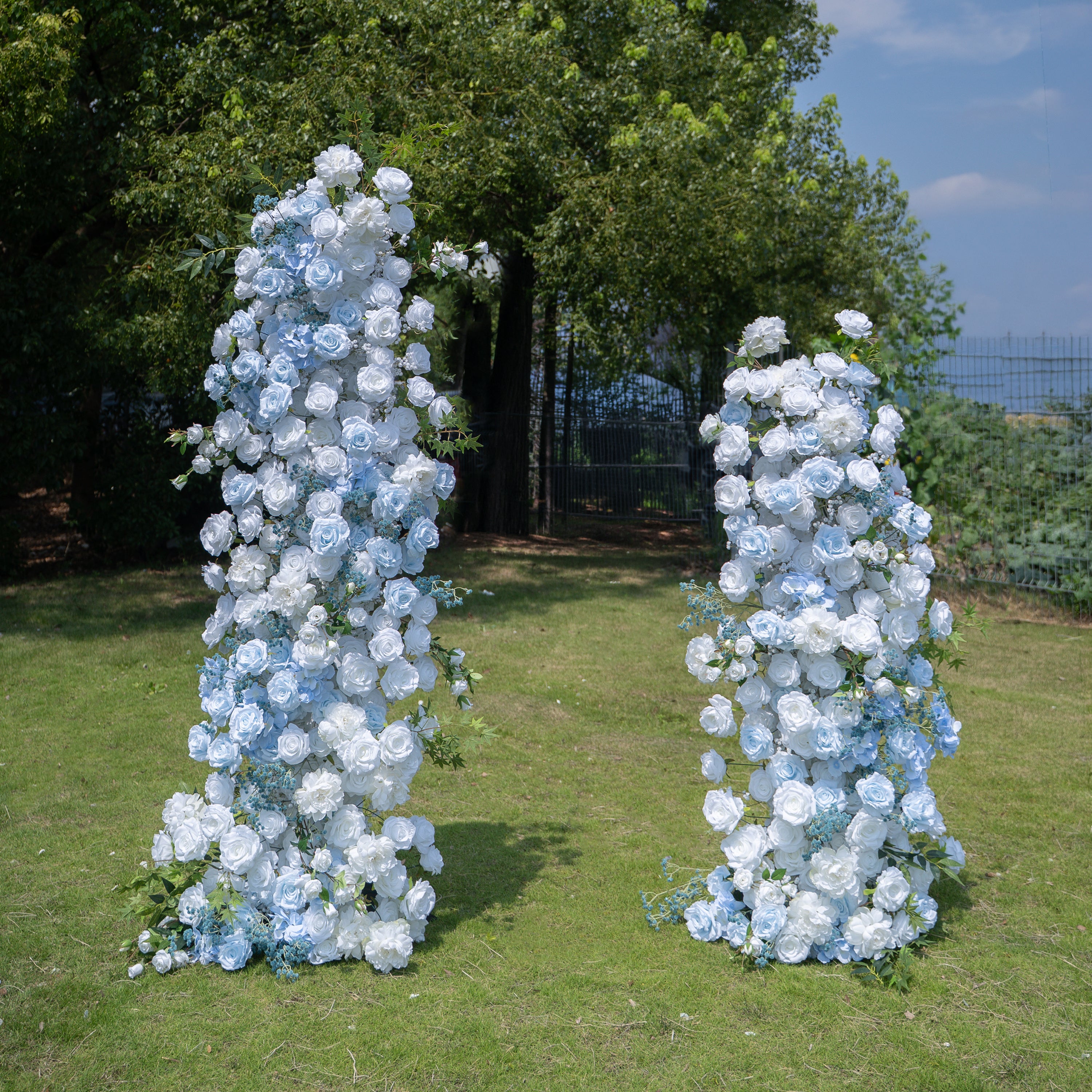 Aquella Blue &amp; White Artificial Flower Pillar Wedding Arch KT Board Decor Floral Arrangement